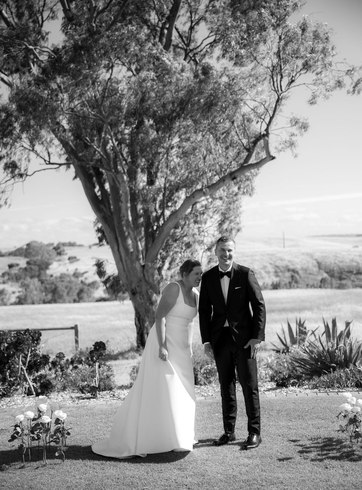 Black and white portrait of bride and groom standing together beneath large eucalyptus tree.