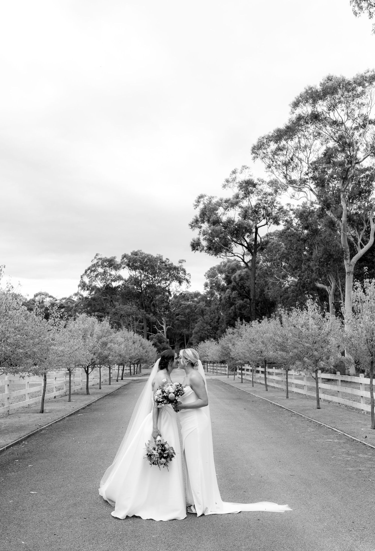 Black and white photo of two brides in white gowns holding bouquets on a tree-lined driveway.
