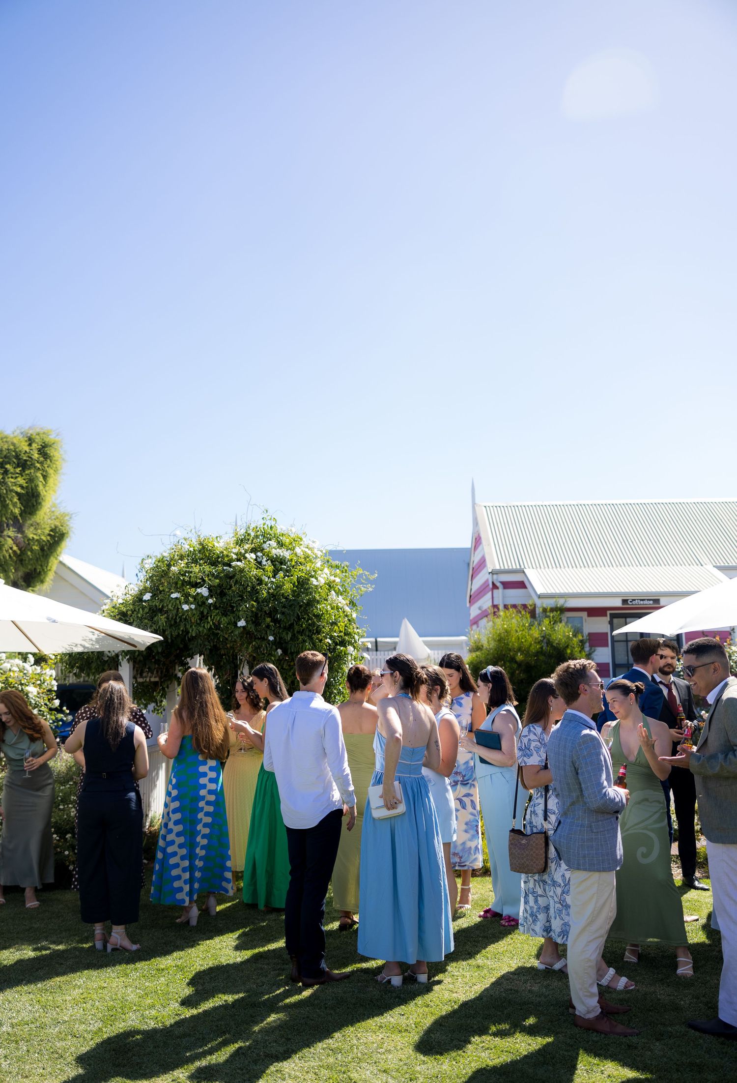 Wedding guests mingling on green lawn outside colorful striped buildings on a sunny day.