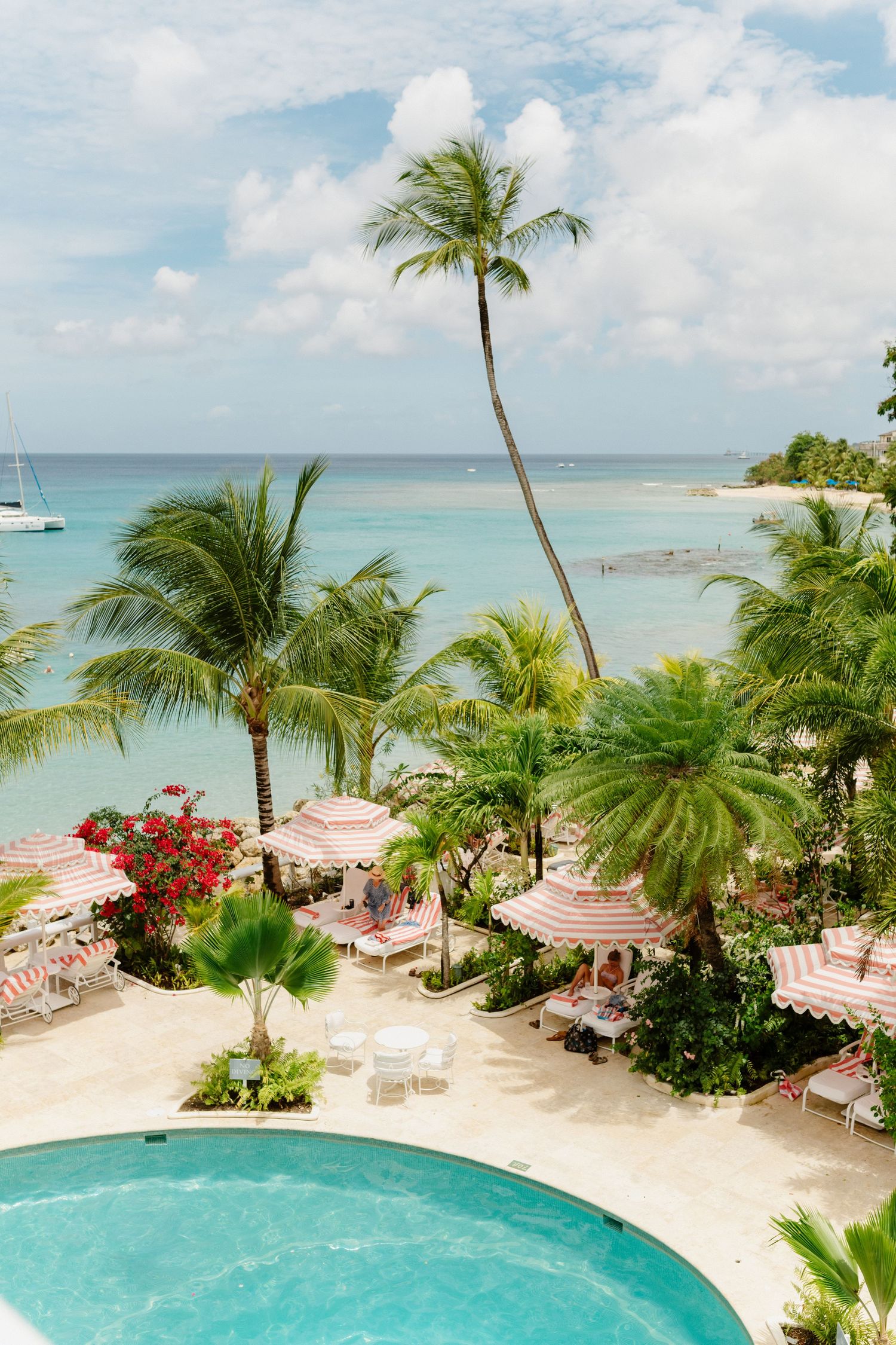 Tropical resort pool overlooking turquoise ocean with palm trees, striped umbrellas, and lush gardens in Cobblers Cove, Barbados