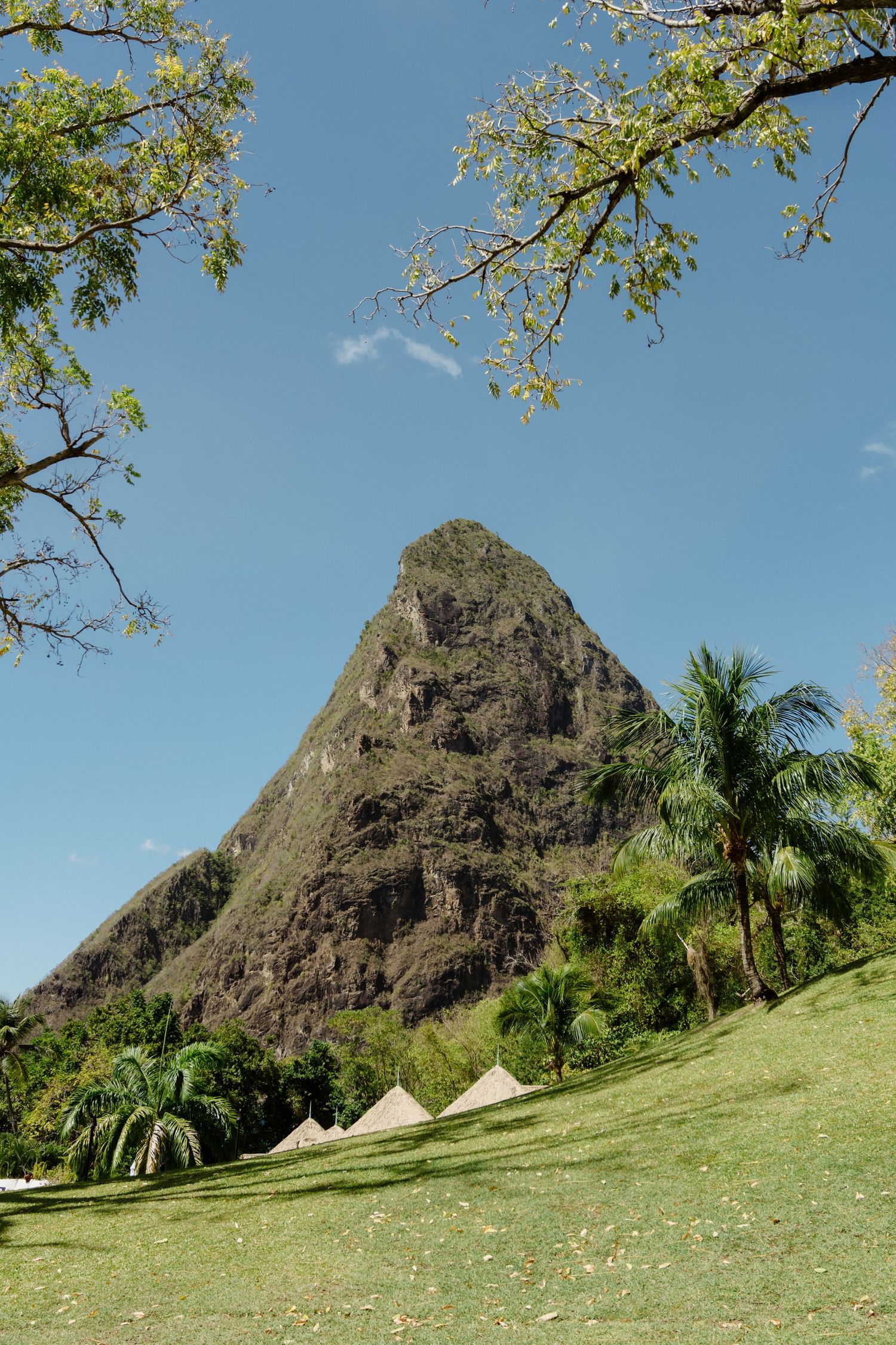 Majestic volcanic Piton peak rising above lush tropical gardens with white tent structures below. St Lucia Wedding photographer