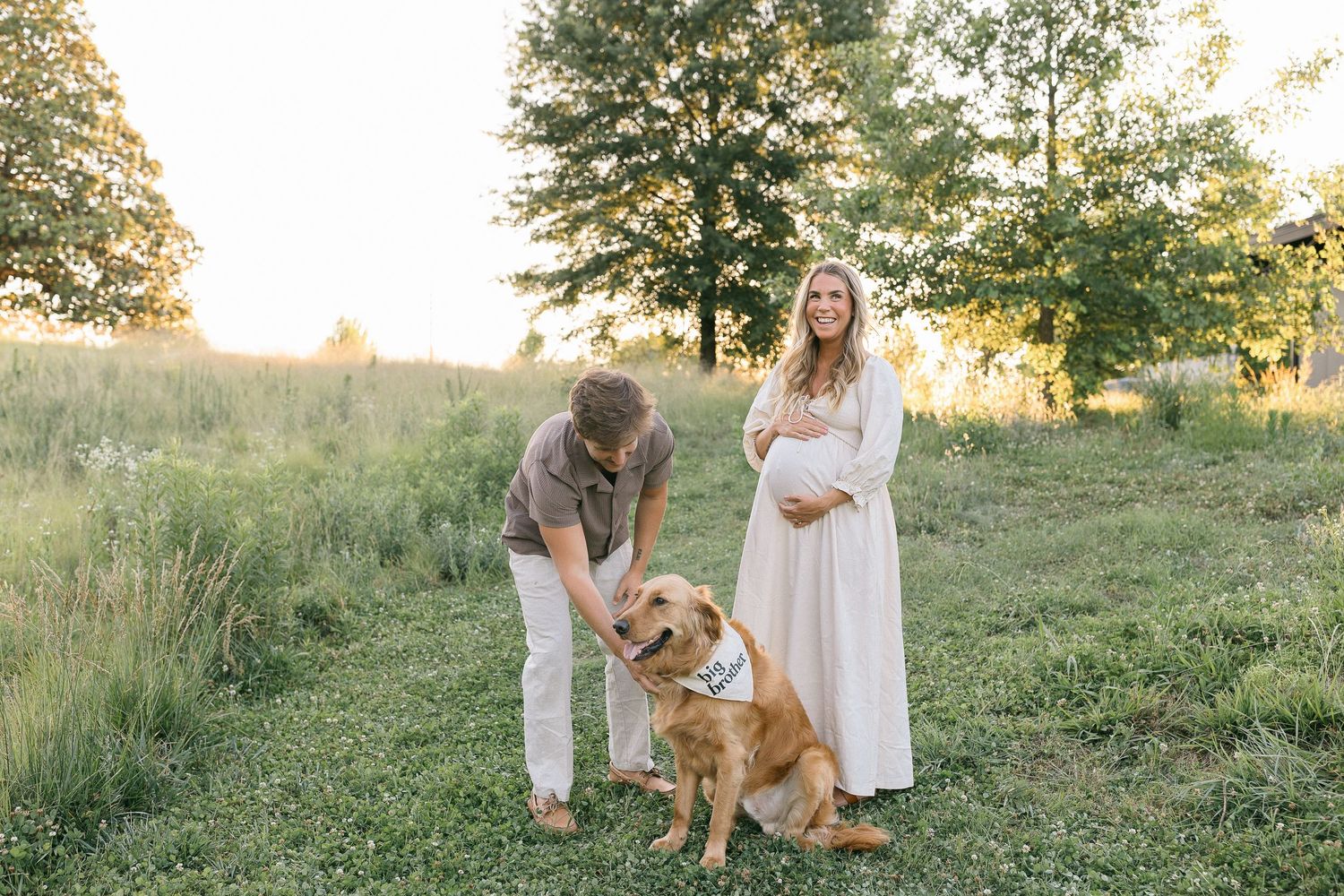 Couple with golden retriever dog in sunny green field, pregnant woman in white dress, maternity photo session outdoors.
