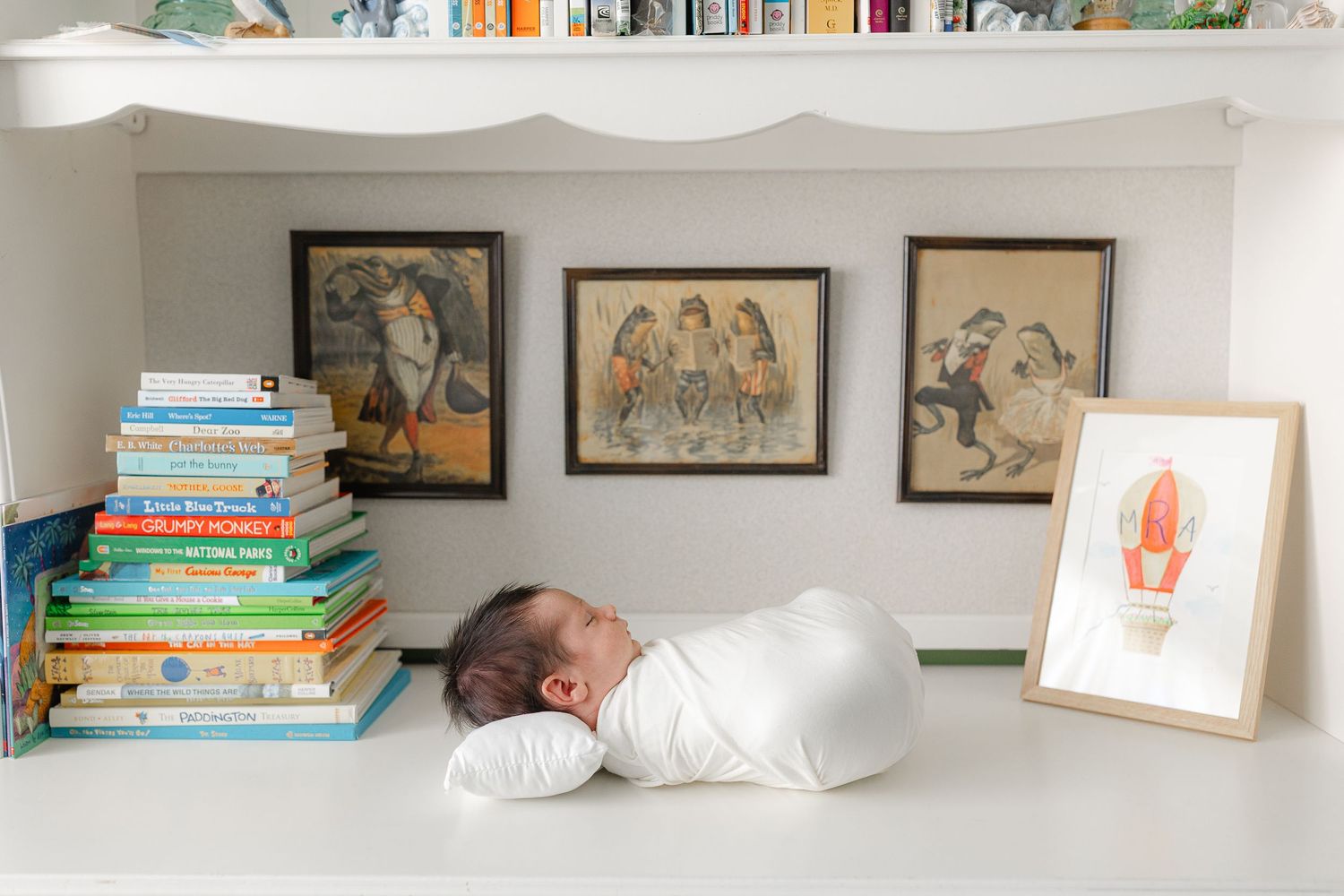 Newborn baby swaddled in white sleeping on a shelf surrounded by stacked children's books and vintage animal framed prints.