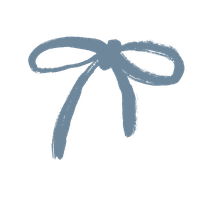 A hand-drawn blue-gray ribbon bow illustration with a simple, sketchy artistic style on a white background.