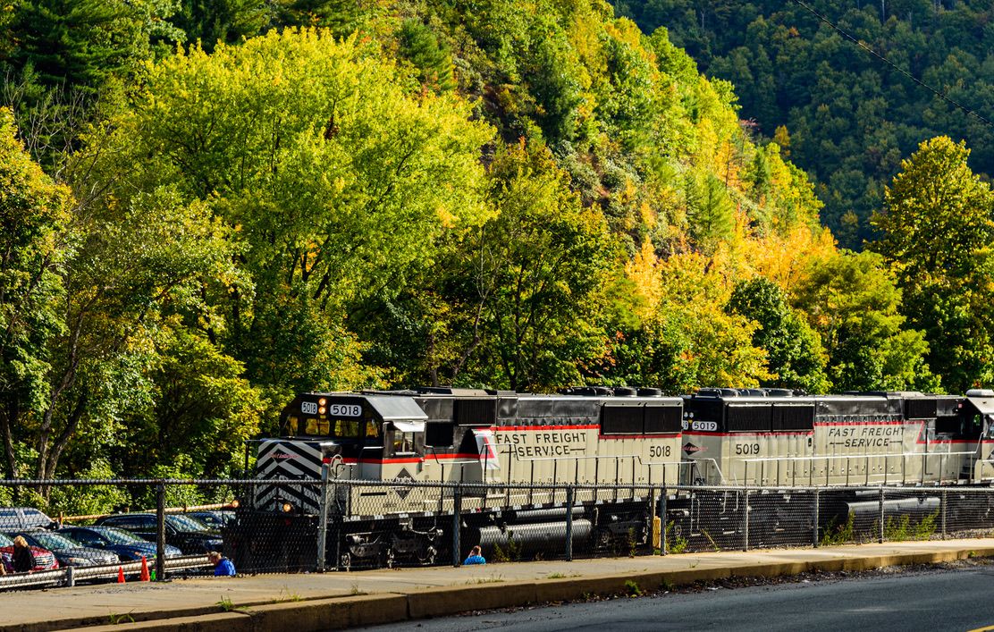 A freight train passes through a lush green mountain valley with autumn foliage in the background.