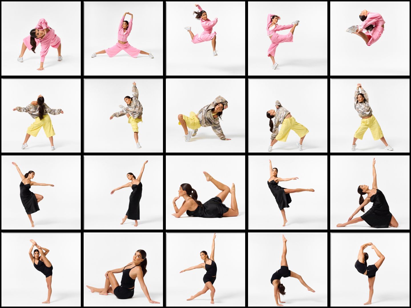 A series of dancing images in a grid formation