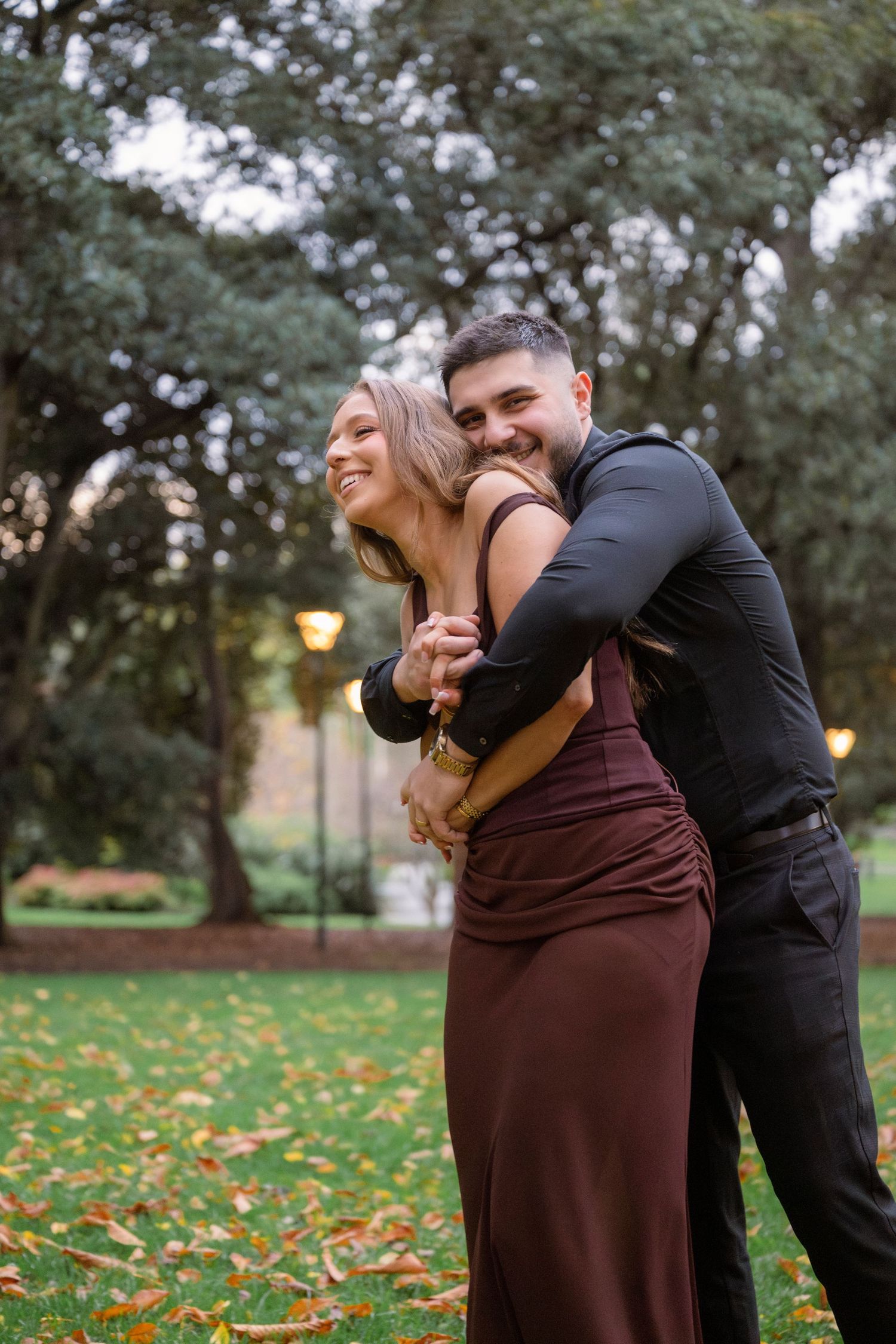 Editorial-style engagement portraits outside Parliament House in Melbourne.