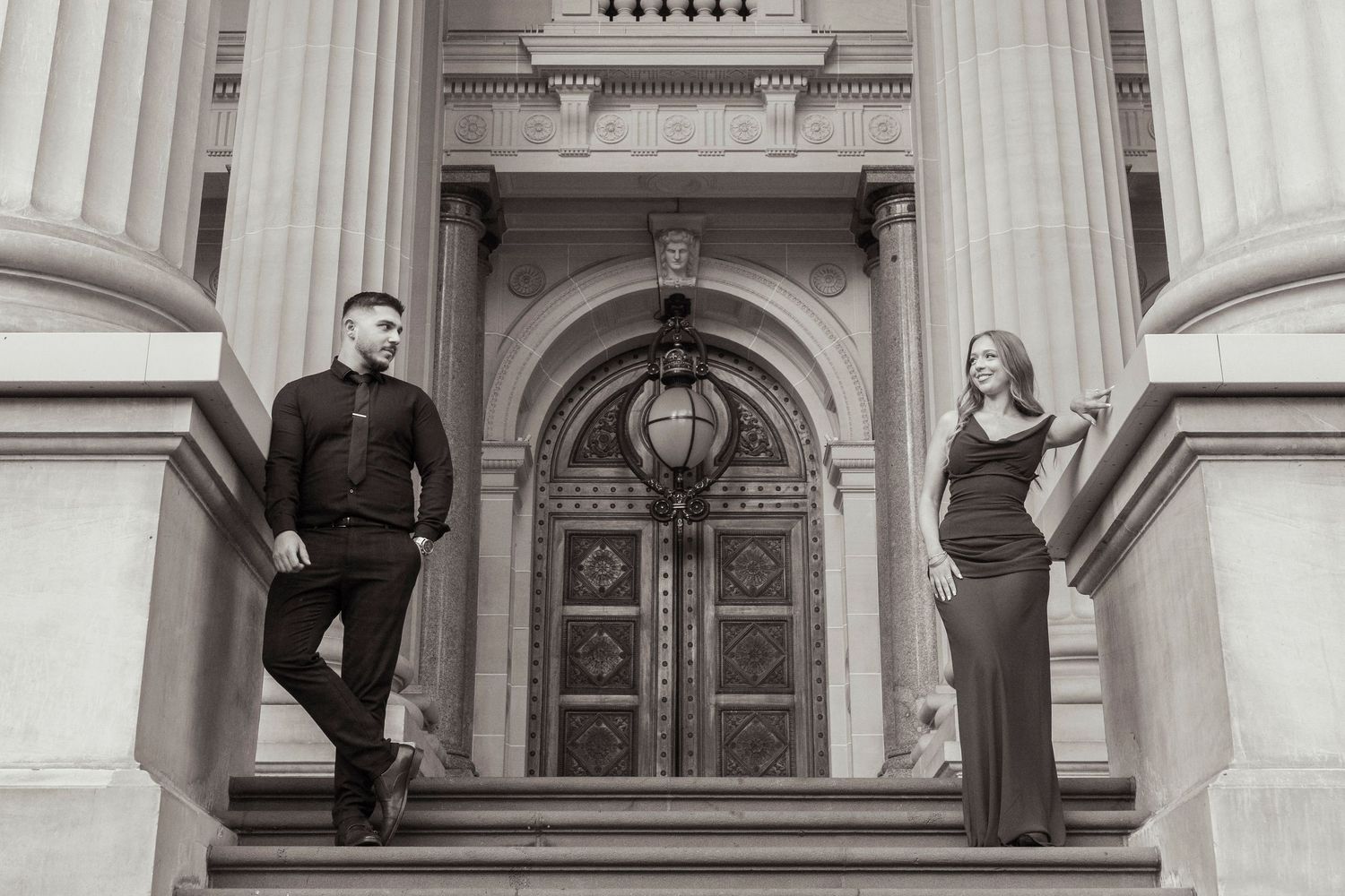 Editorial-style engagement portraits outside Parliament House in Melbourne.