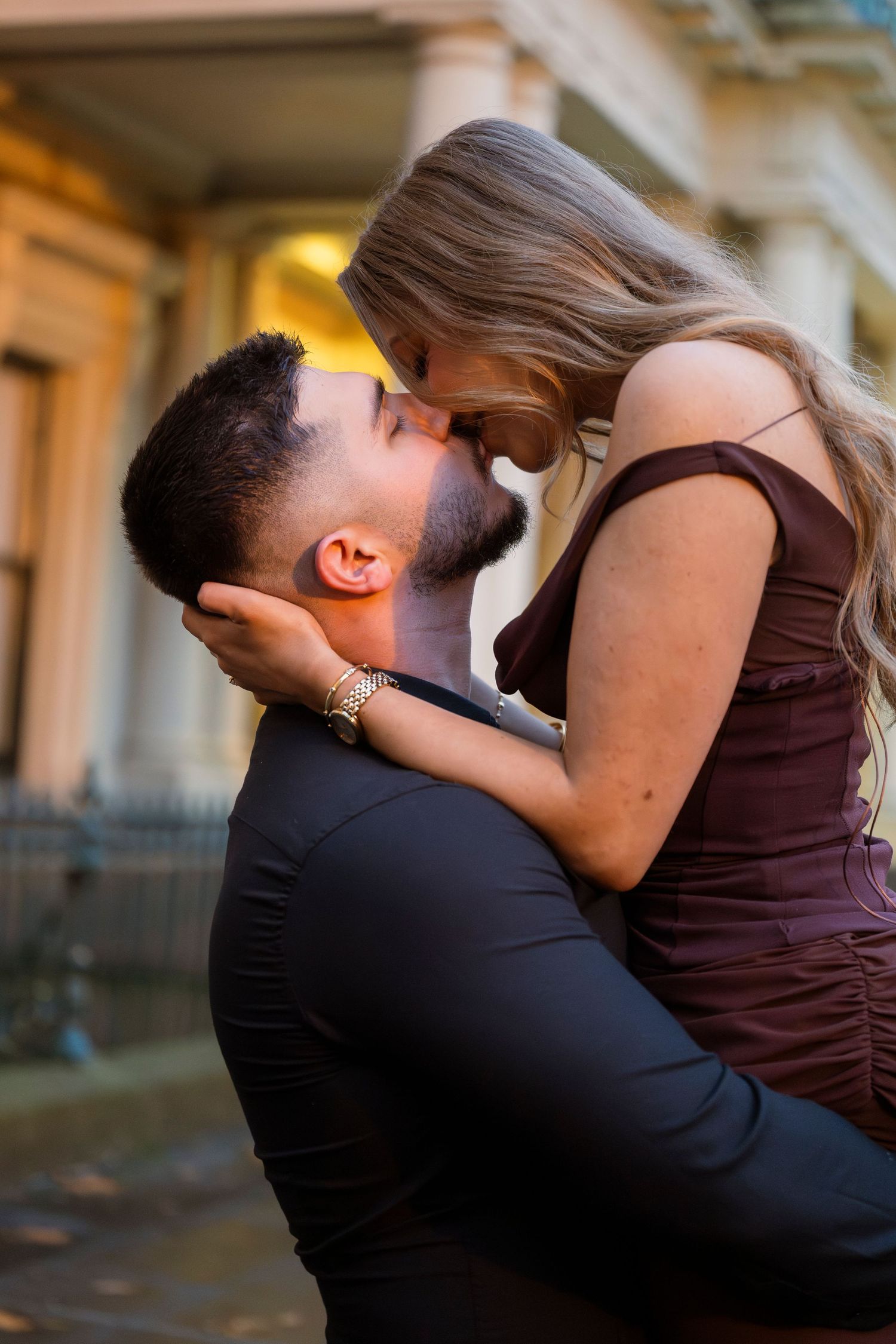 Editorial-style engagement portraits outside Parliament House in Melbourne.