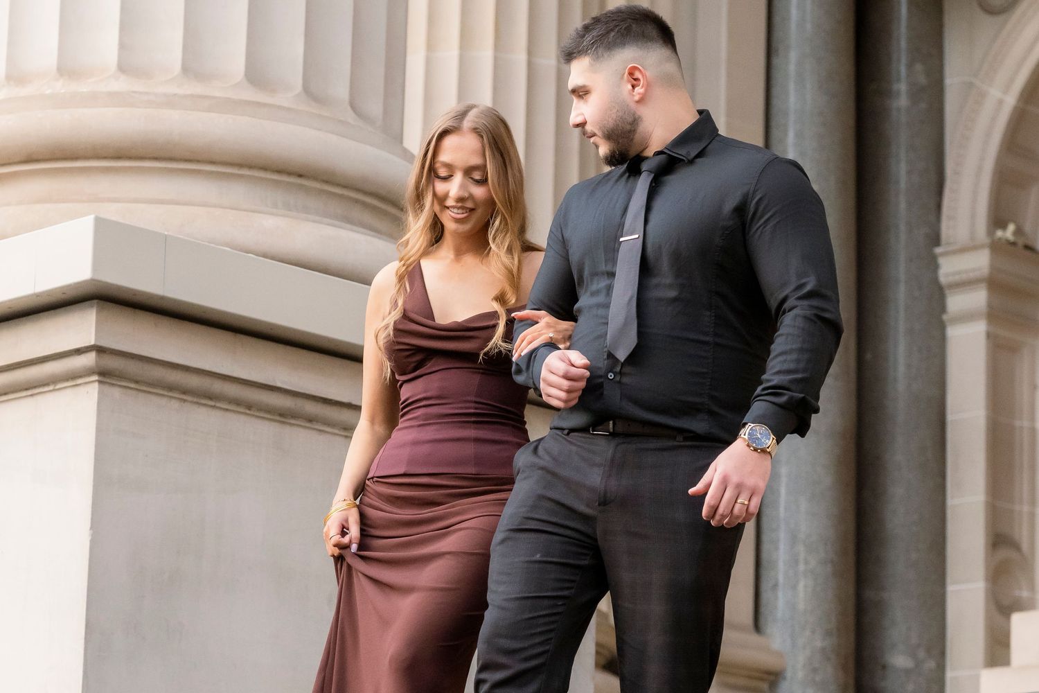 Editorial-style engagement portraits outside Parliament House in Melbourne.