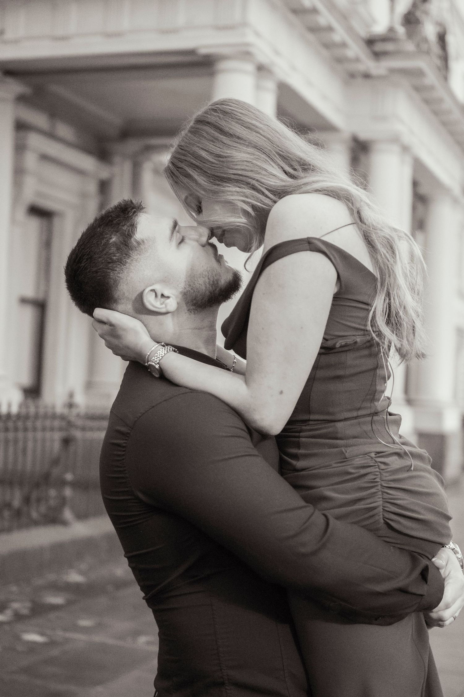 Editorial-style engagement portraits outside Parliament House in Melbourne.