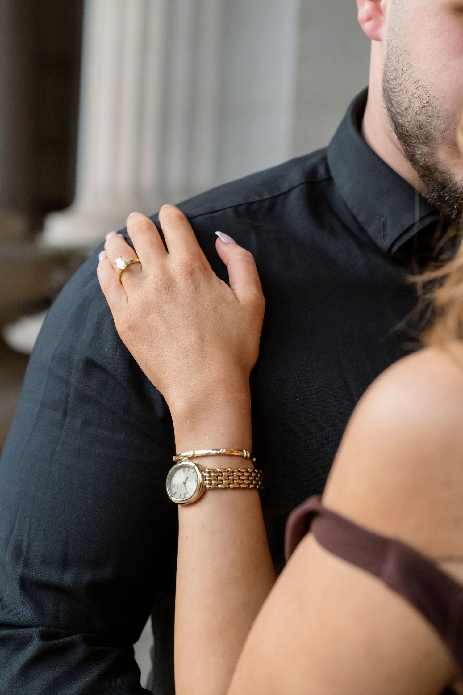 Editorial-style engagement portraits outside Parliament House in Melbourne.