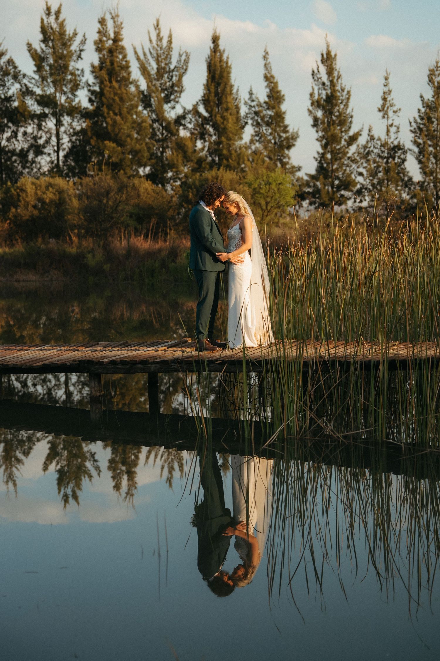 Bride and groom embracing on a wooden dock reflected in calm water, surrounded by reeds and trees at golden hour.