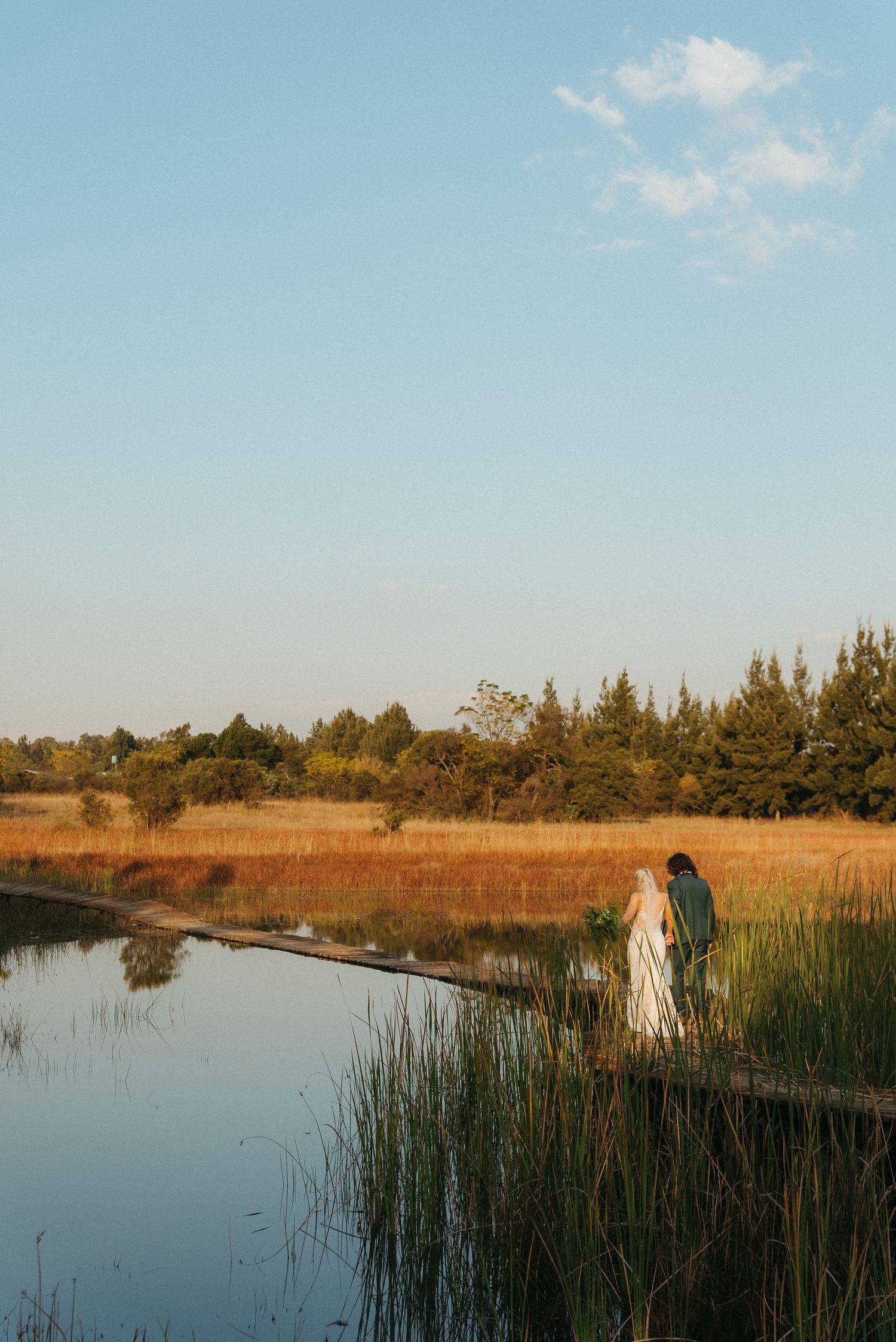 A bride and groom stand hand in hand on a wooden dock beside a tranquil pond surrounded by golden grass and trees.