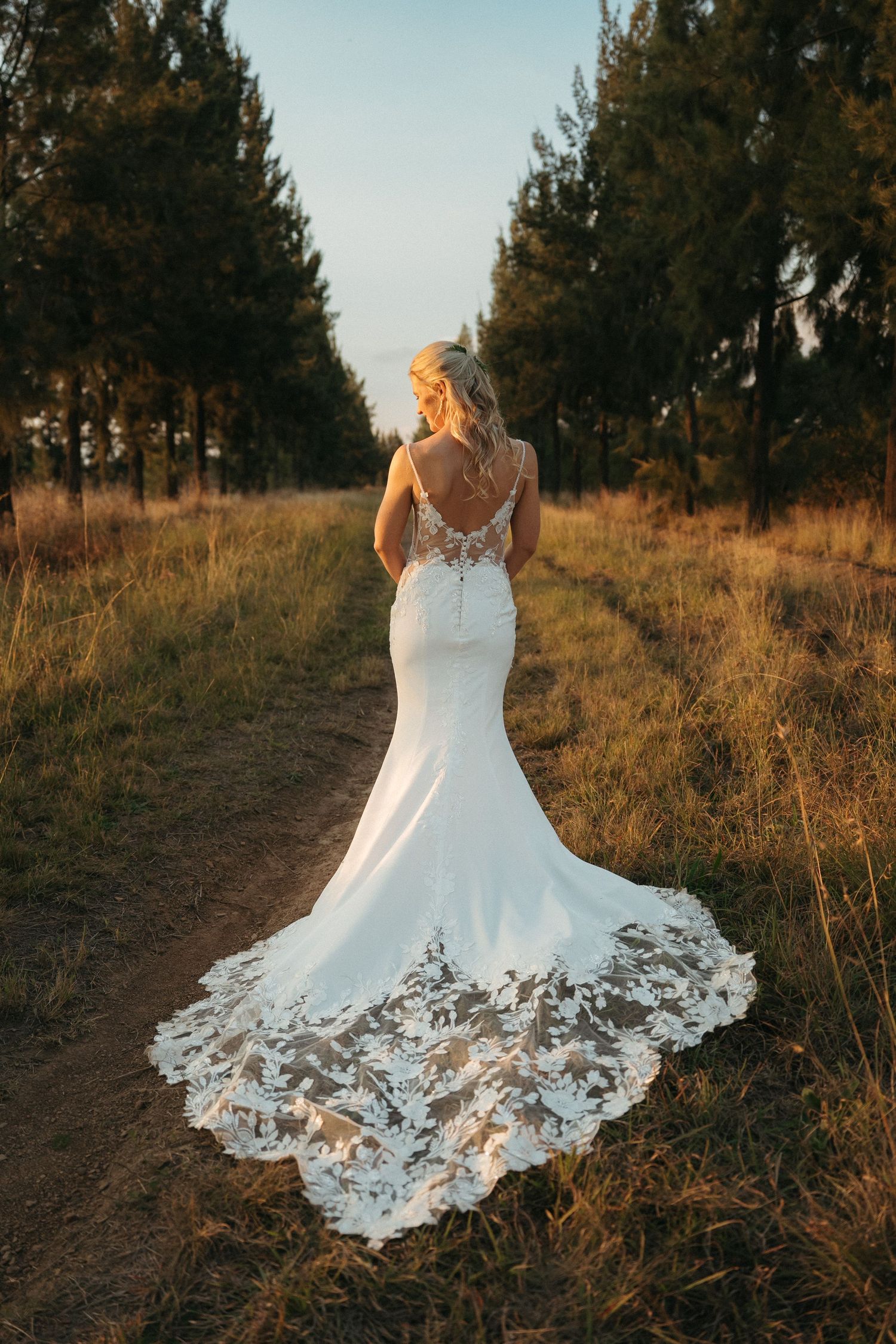 Bride in elegant lace mermaid wedding gown with long train stands on a sunlit forest path at golden hour.