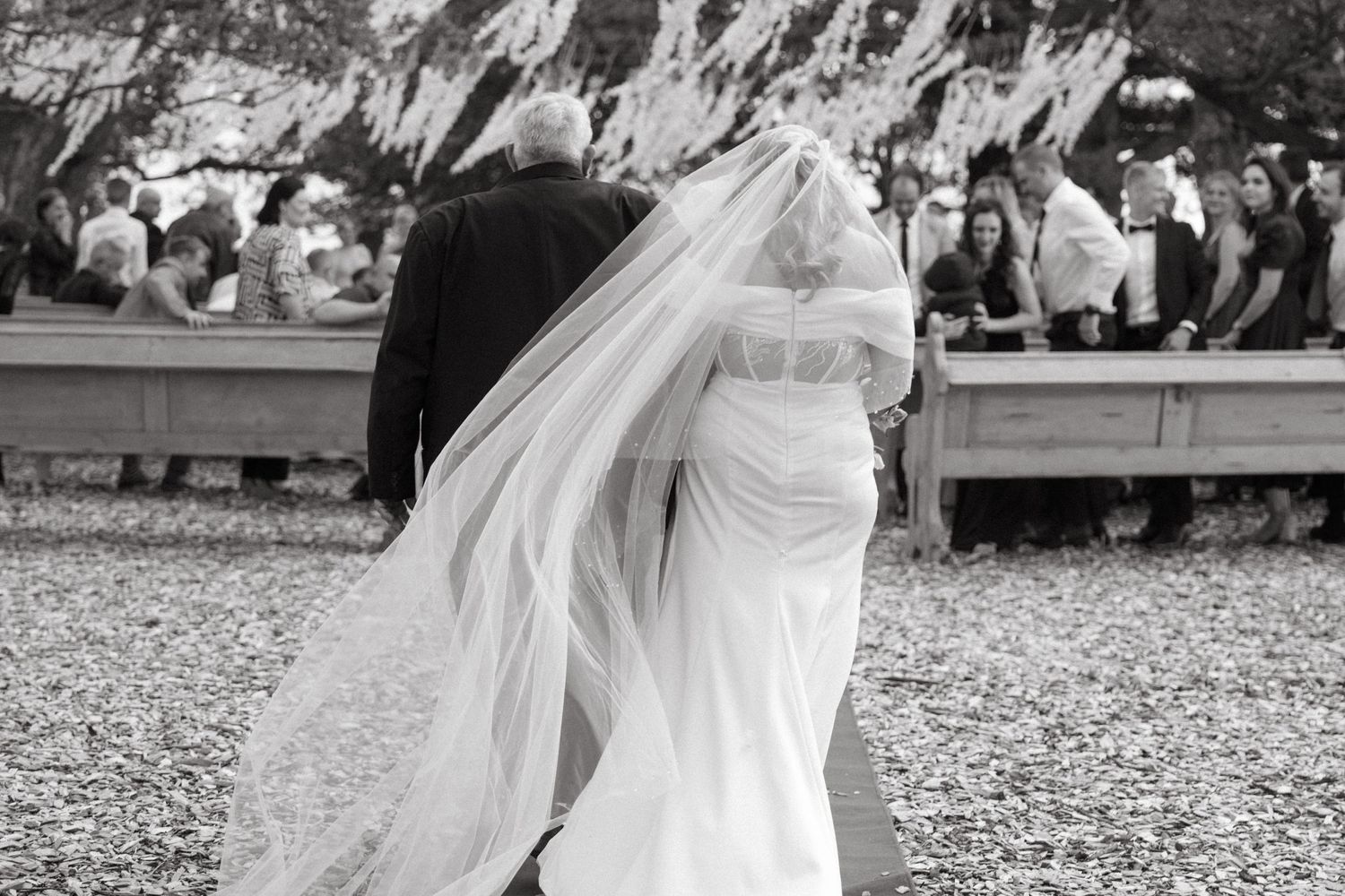 Black and white photo of a bride in a flowing white dress and long veil at an outdoor wedding ceremony.