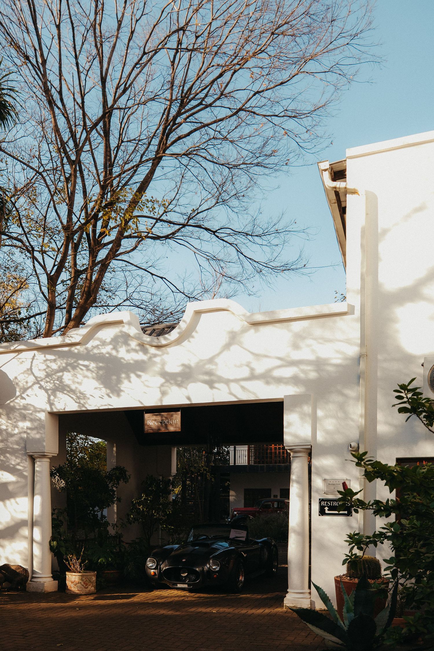 White Cape Dutch building with ornate gable, black car in garage, bare tree casting shadows, blue sky backdrop.