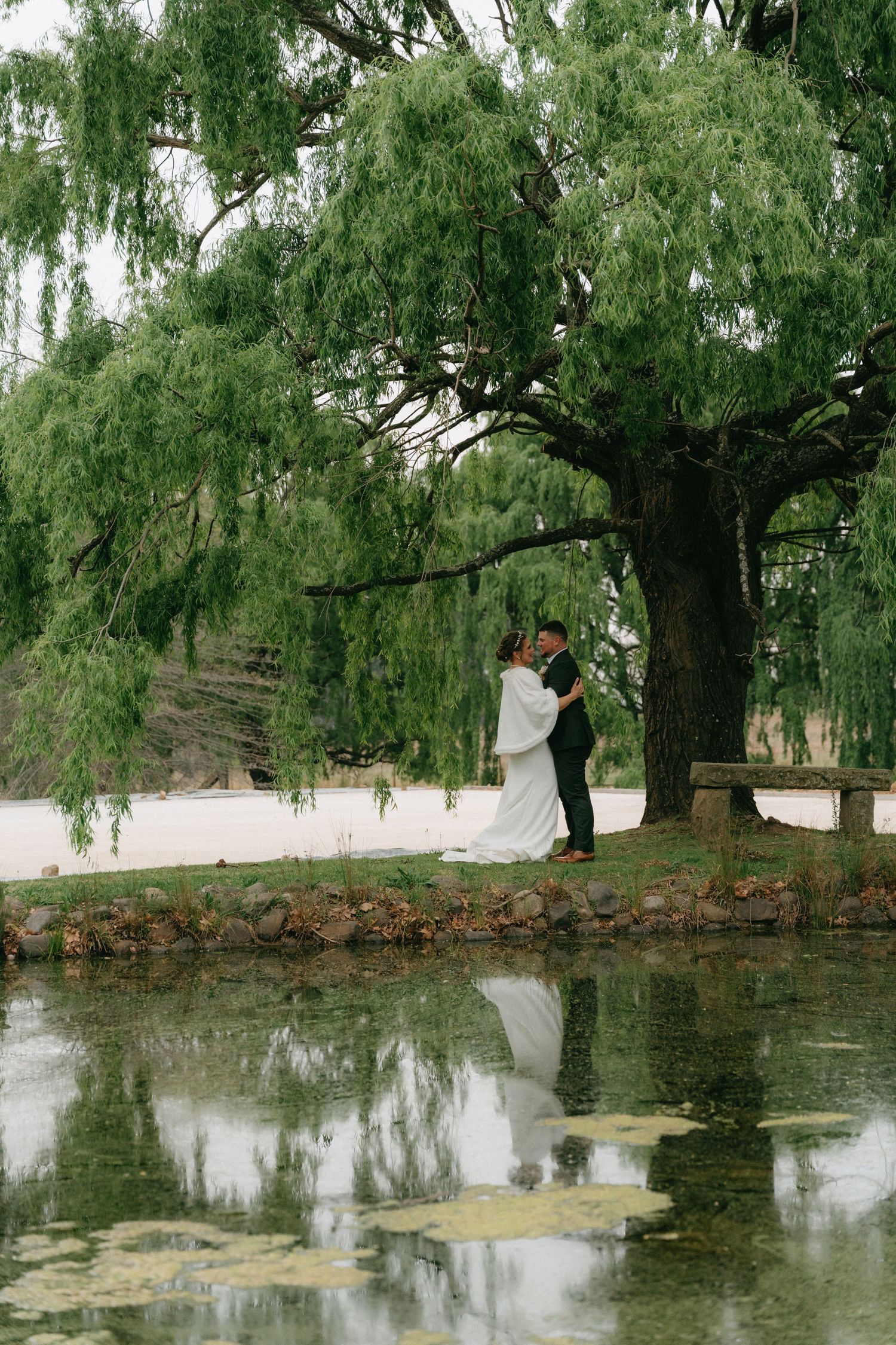 Scenic view of weeping willow trees reflecting in a tranquil pond with rippling water on a cloudy day.