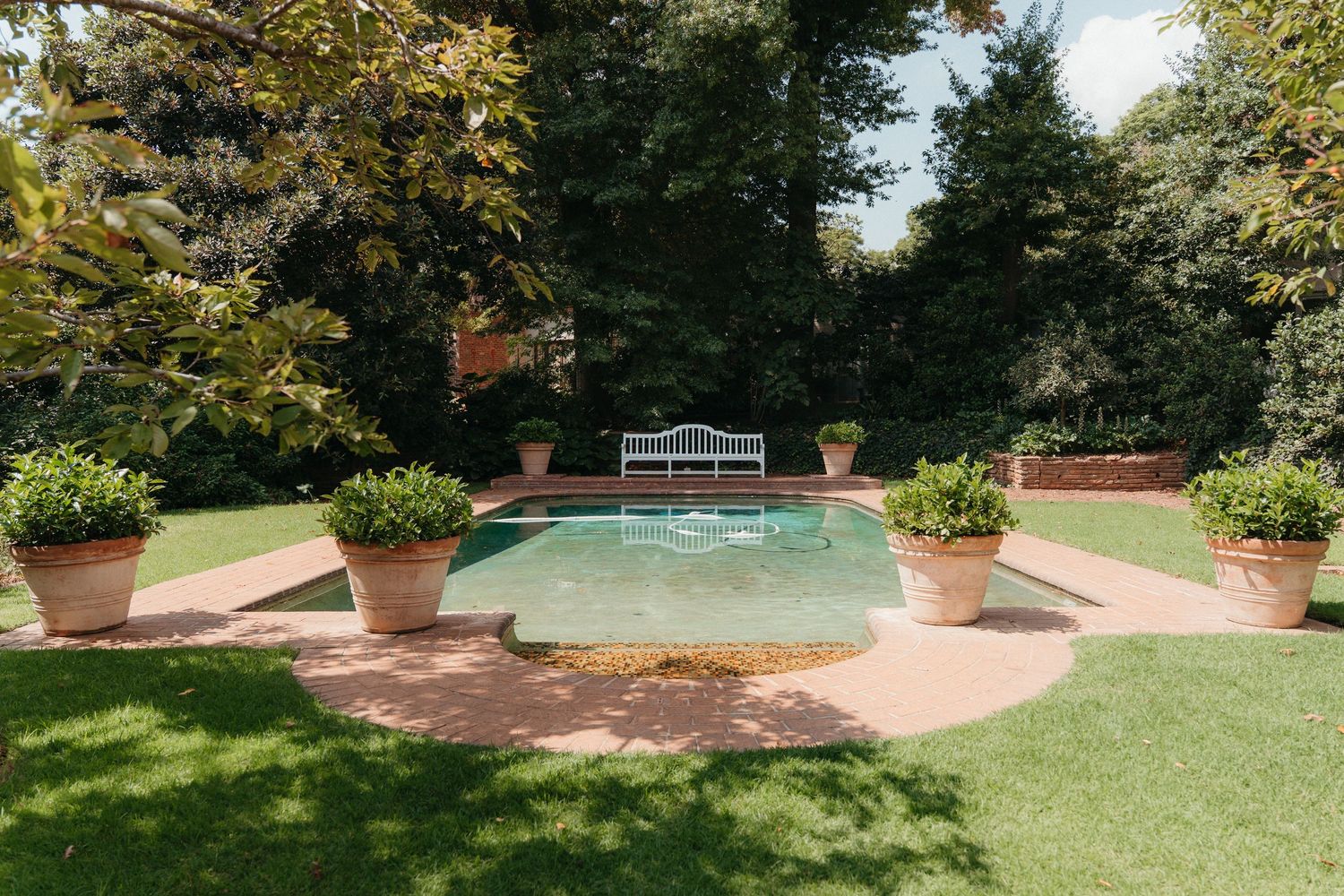 Beechwood Gardens outdoor pool surrounded by terracotta planters, white bench, and lush greenery on a brick patio.