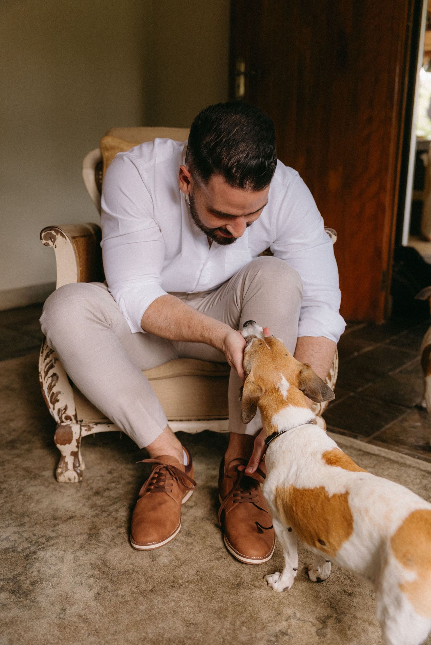 Sweet moment with orange and white cat during wedding day preparations.
