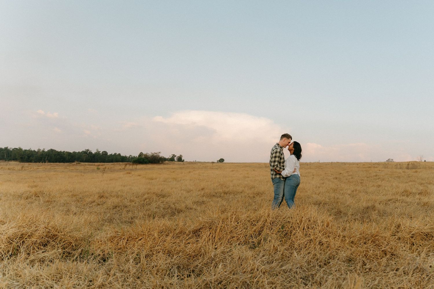 Panoramic view of a couple embracing in a golden field at dusk.