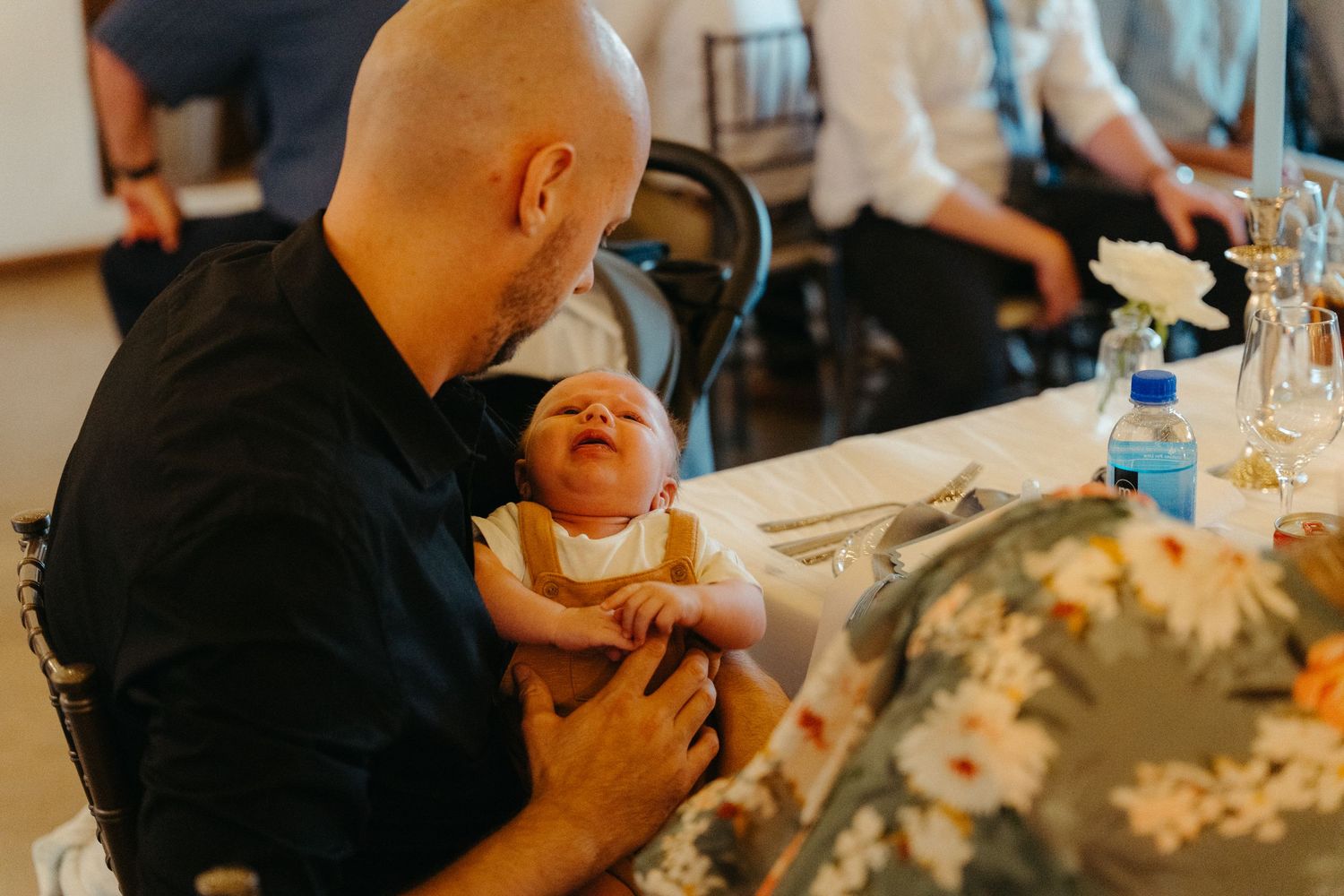 A sequence of candid moments captured during a wedding celebration showing laughter and joy.