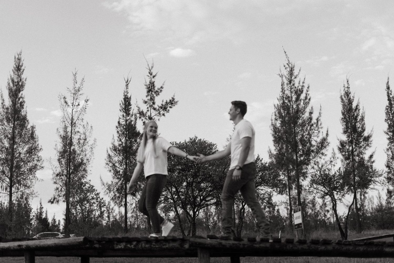 Silhouetted couple walking on elevated path surrounded by tall pine trees at sunset.