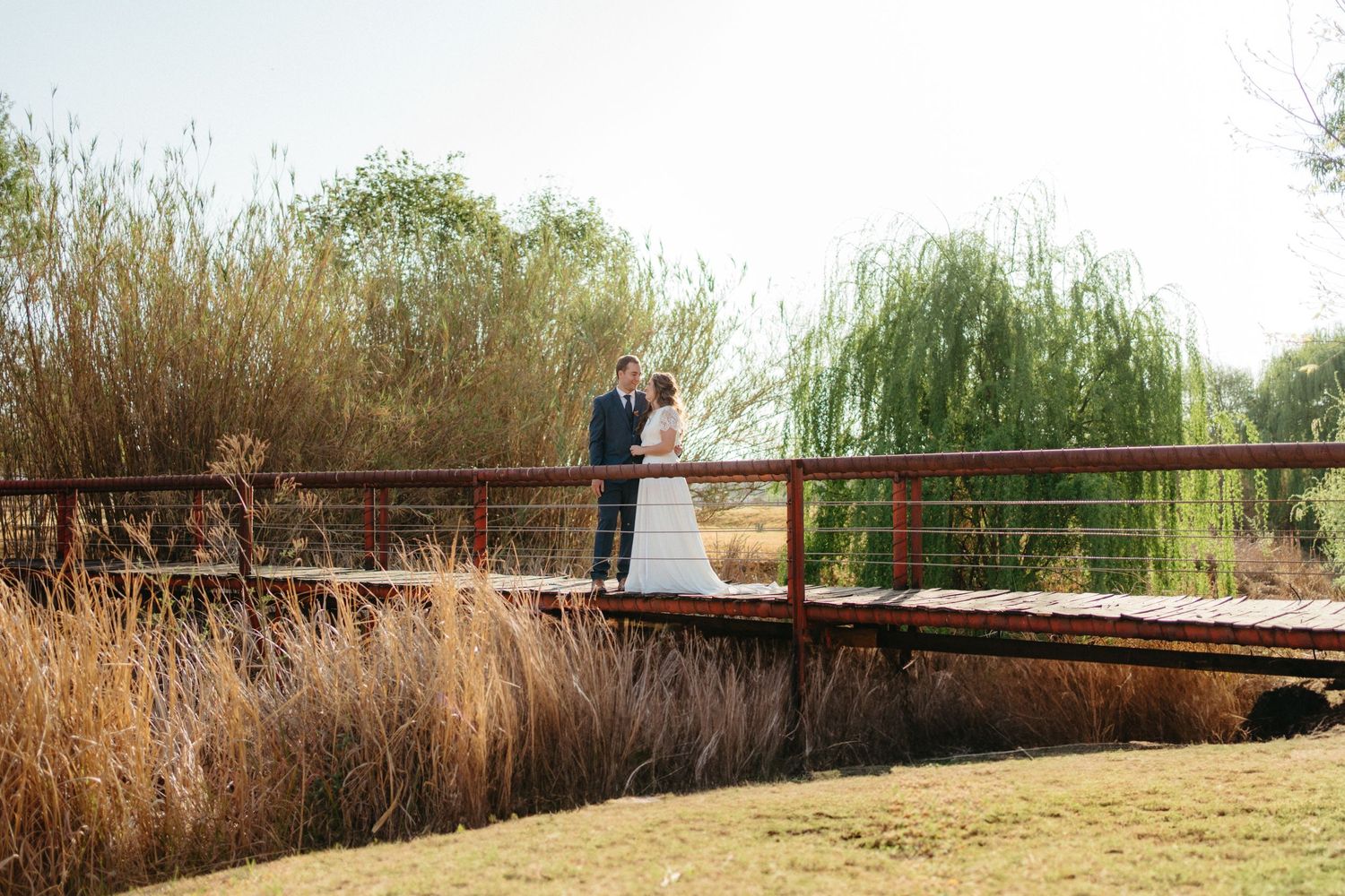 A couple embraces on a wooden bridge overlooking a serene landscape with willow trees.