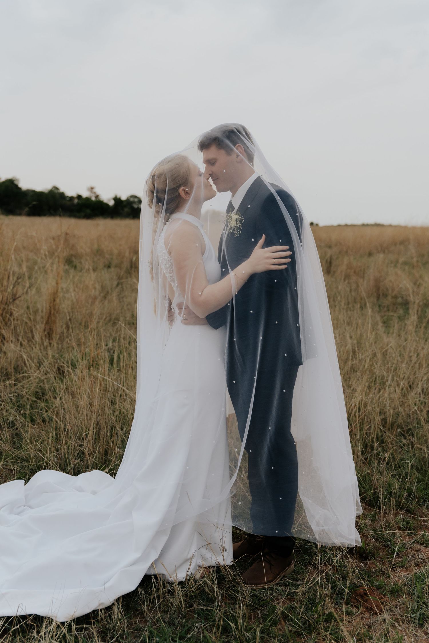 A romantic moment between newlyweds standing in a field under a flowing veil.