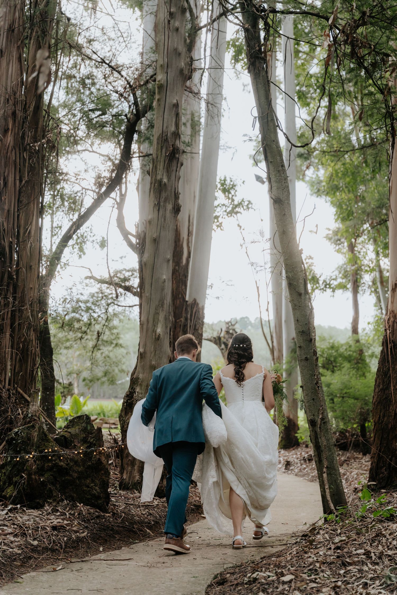 A couple in wedding attire walks hand in hand through a misty eucalyptus forest path.