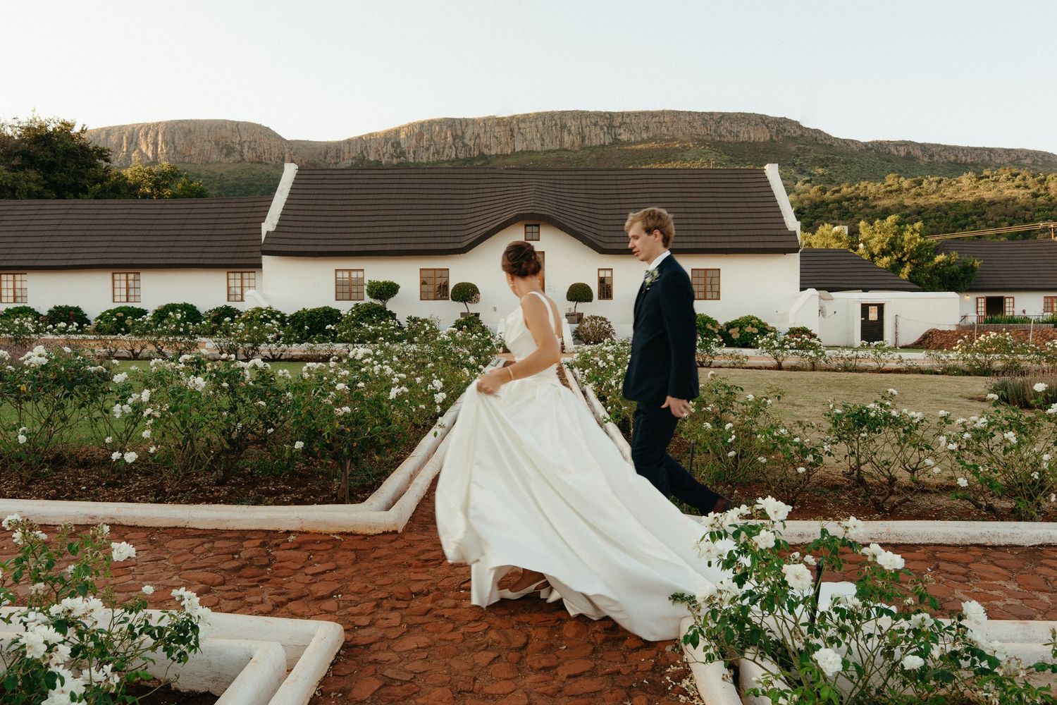 Bride and groom stroll through rose garden with white Cape Dutch manor house and mountains backdrop.