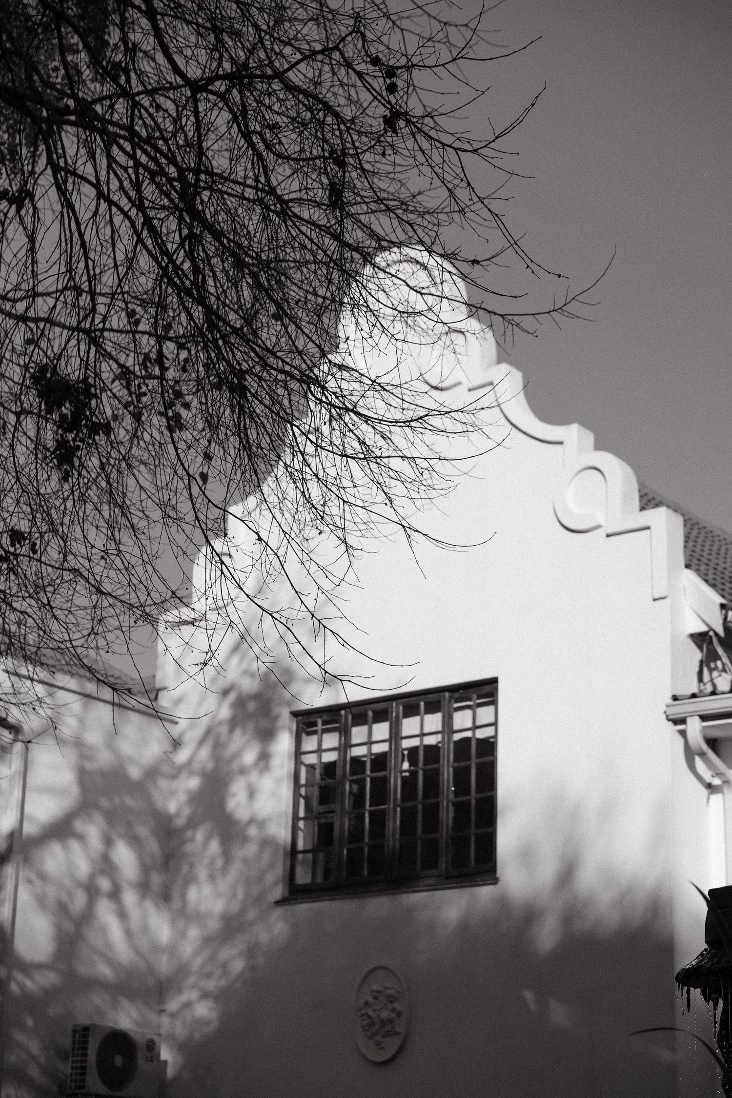 Black and white photo of a Cape Dutch gabled building with ornate detailing, framed by bare tree branches against a clear sky.