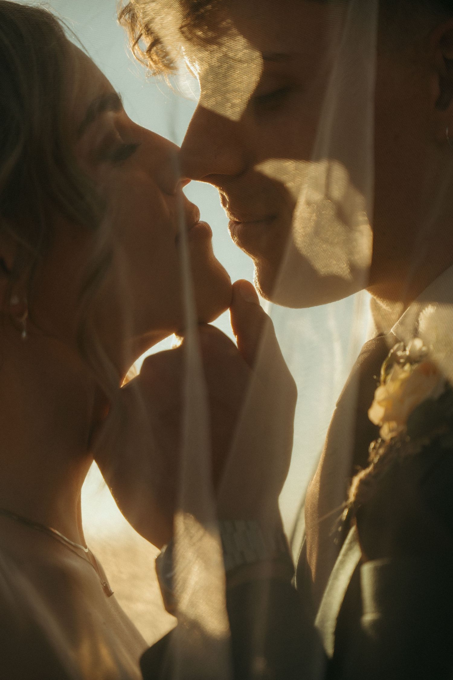 A bride and groom share a tender kiss beneath a flowing veil in Limpopo warm golden sunset light.
