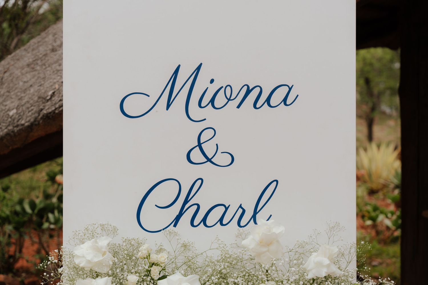 Elegant wedding signage with blue calligraphy text displayed among white floral decorations.