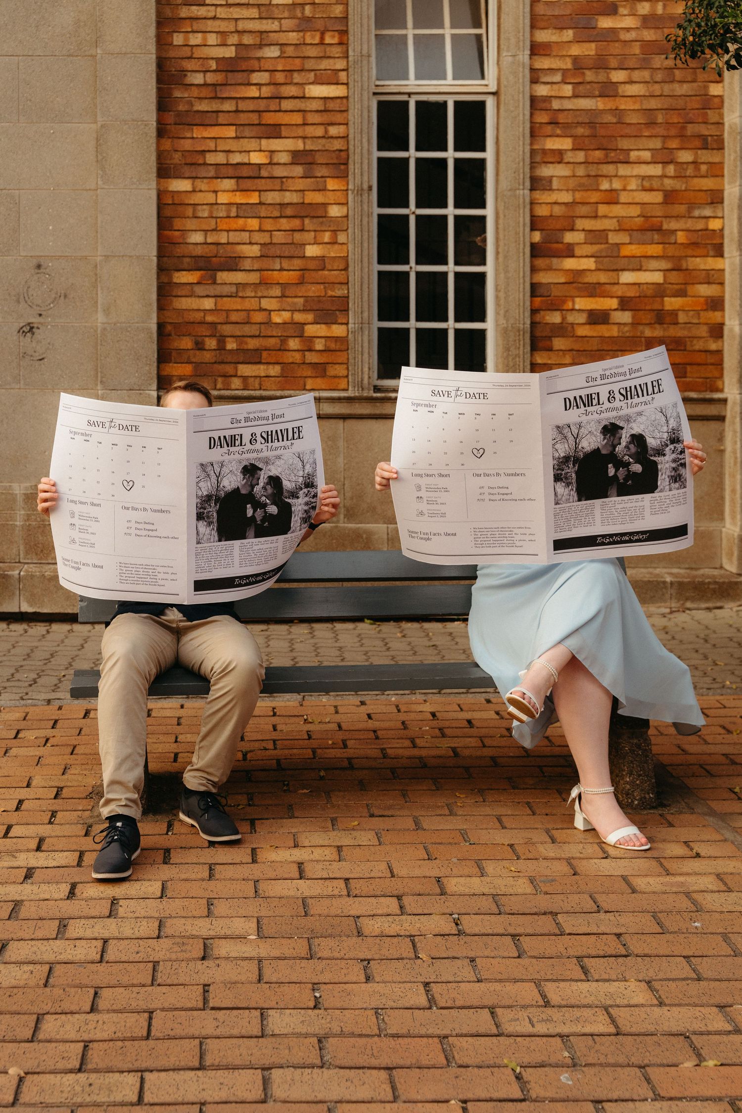 People sitting on brick steps reading newspapers in a creative photography series against historic building facade.