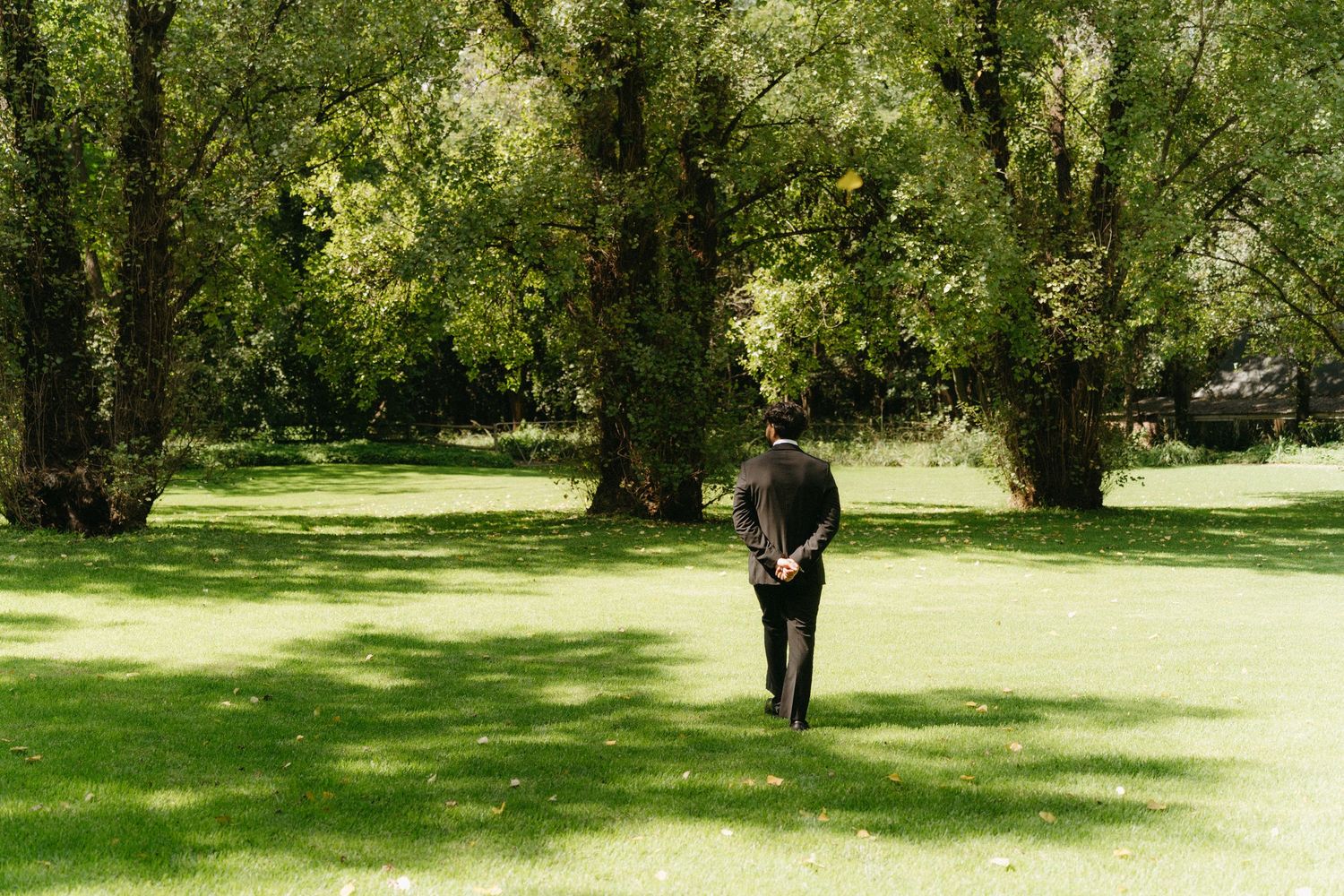 A solitary figure stands on lush green grass surrounded by tall trees in a tranquil park setting.