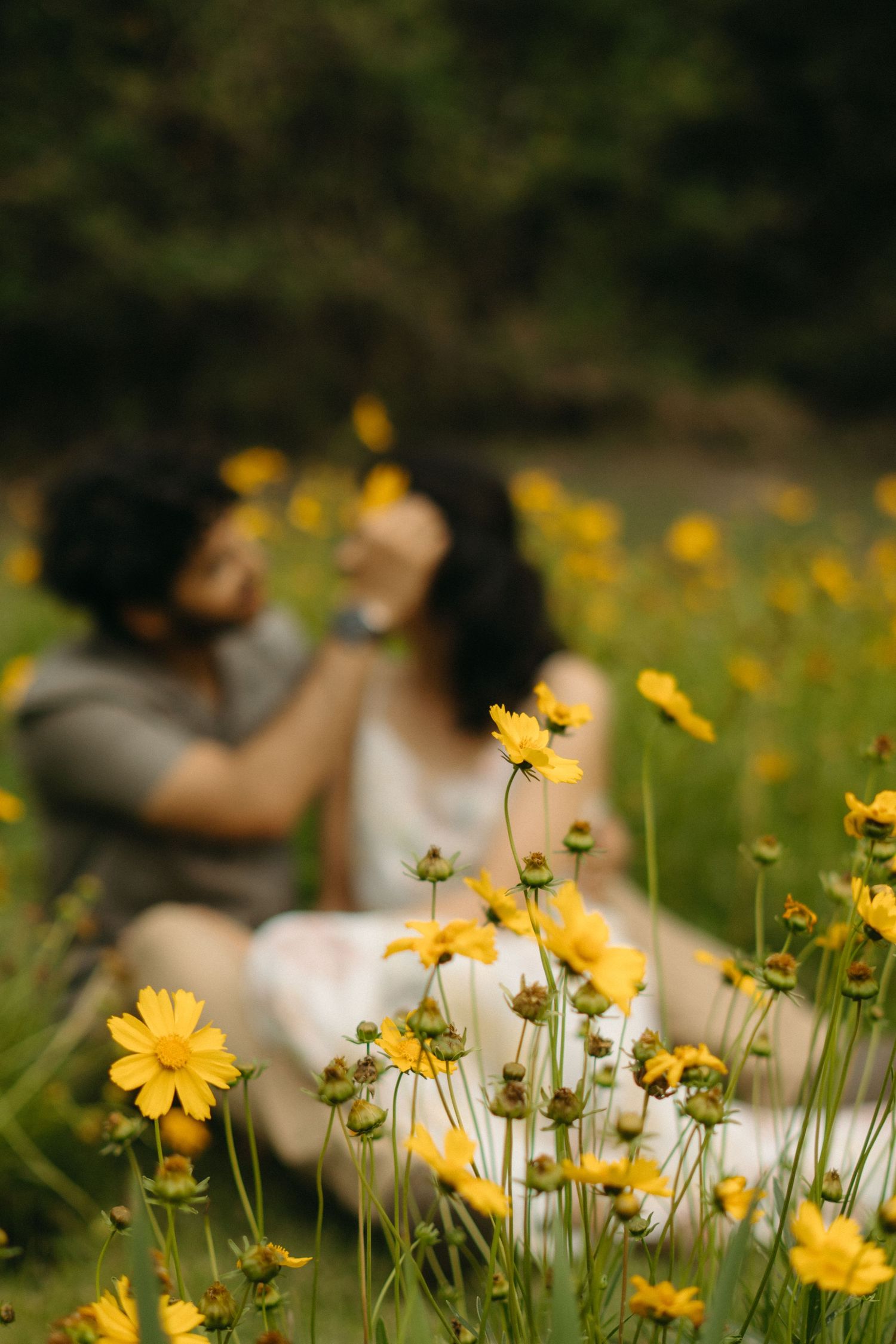 Yellow wildflowers frame an intimate moment between a couple in a garden setting.