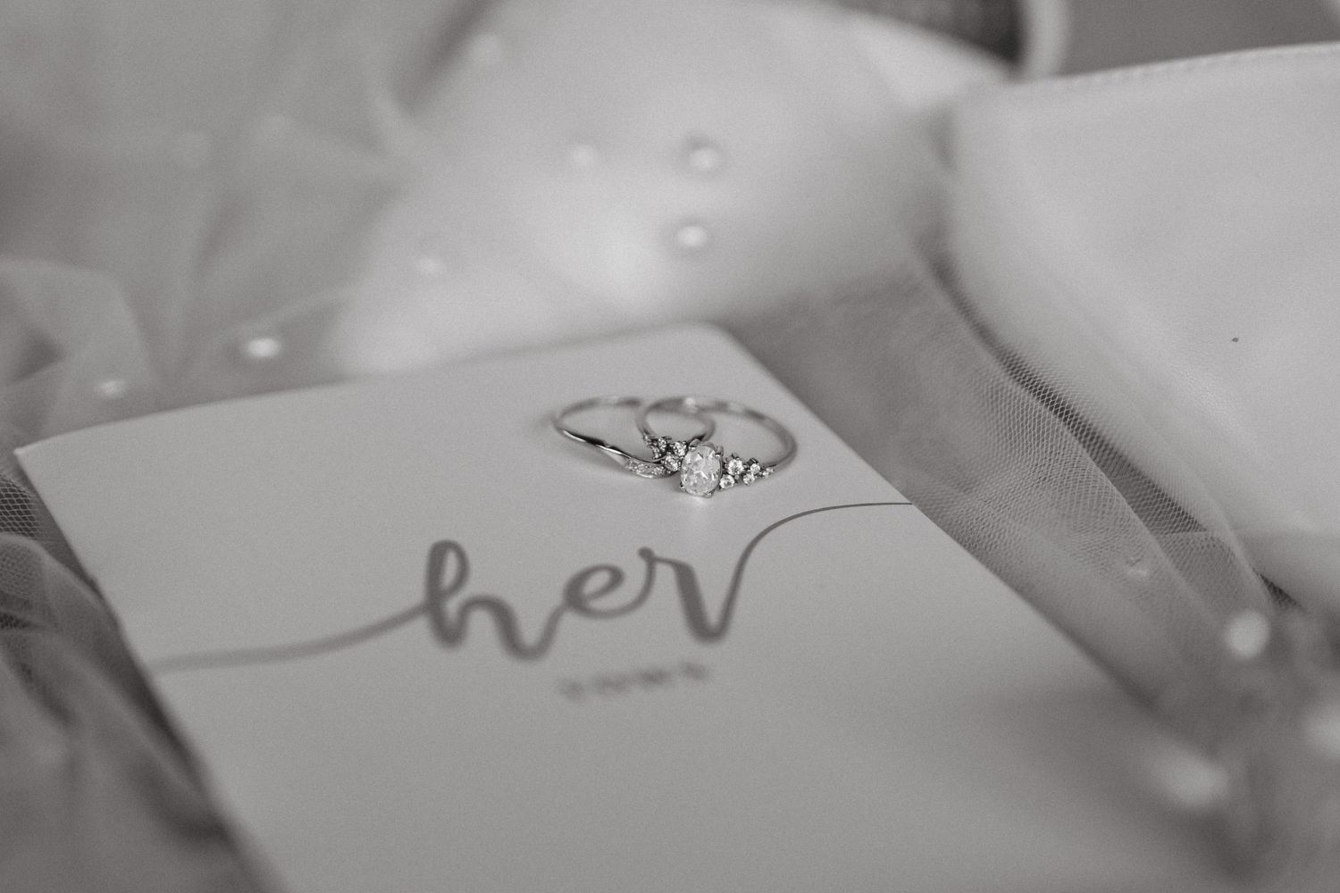 Close-up of wedding rings and handwritten script on soft white paper.