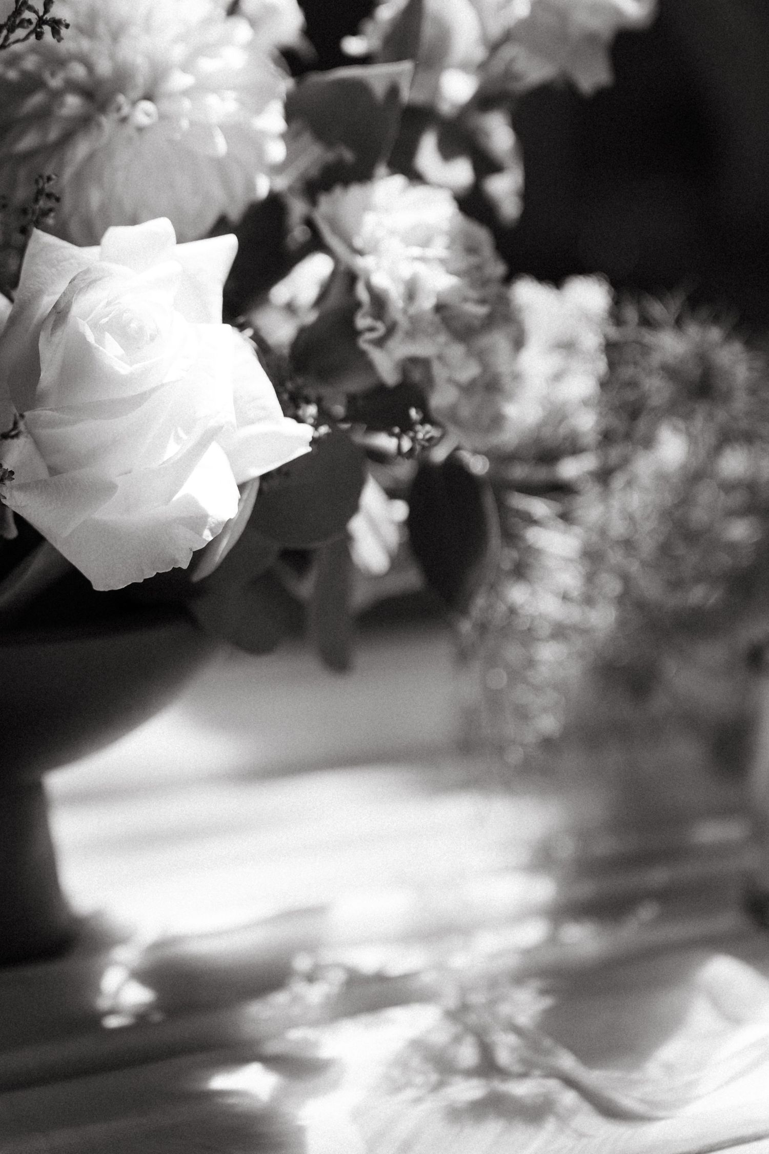 An artistic black and white close-up photograph of white roses and delicate baby's breath flowers in soft focus.
