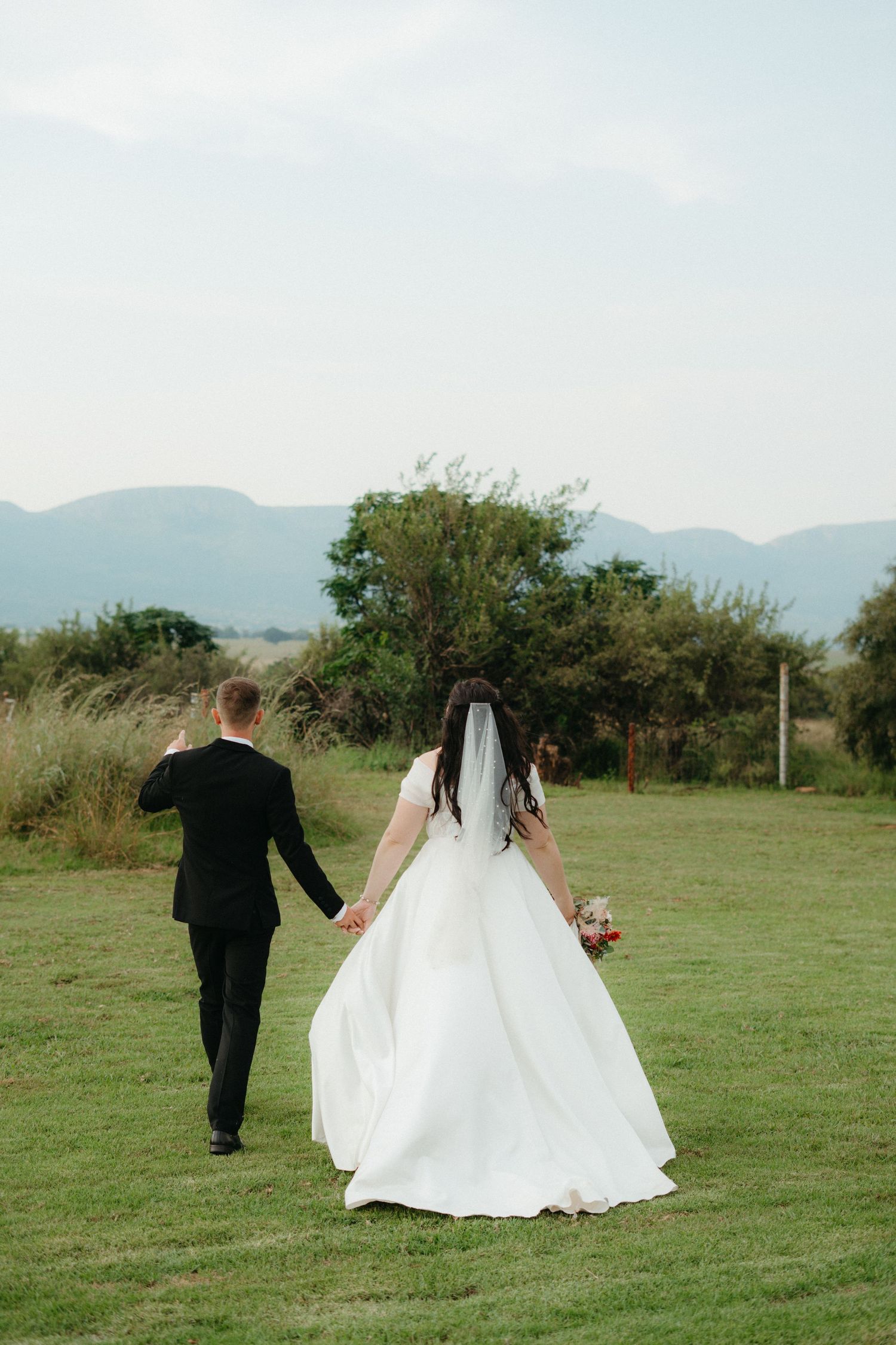 Newlywed couple walking hand in hand across scenic mountain meadow.