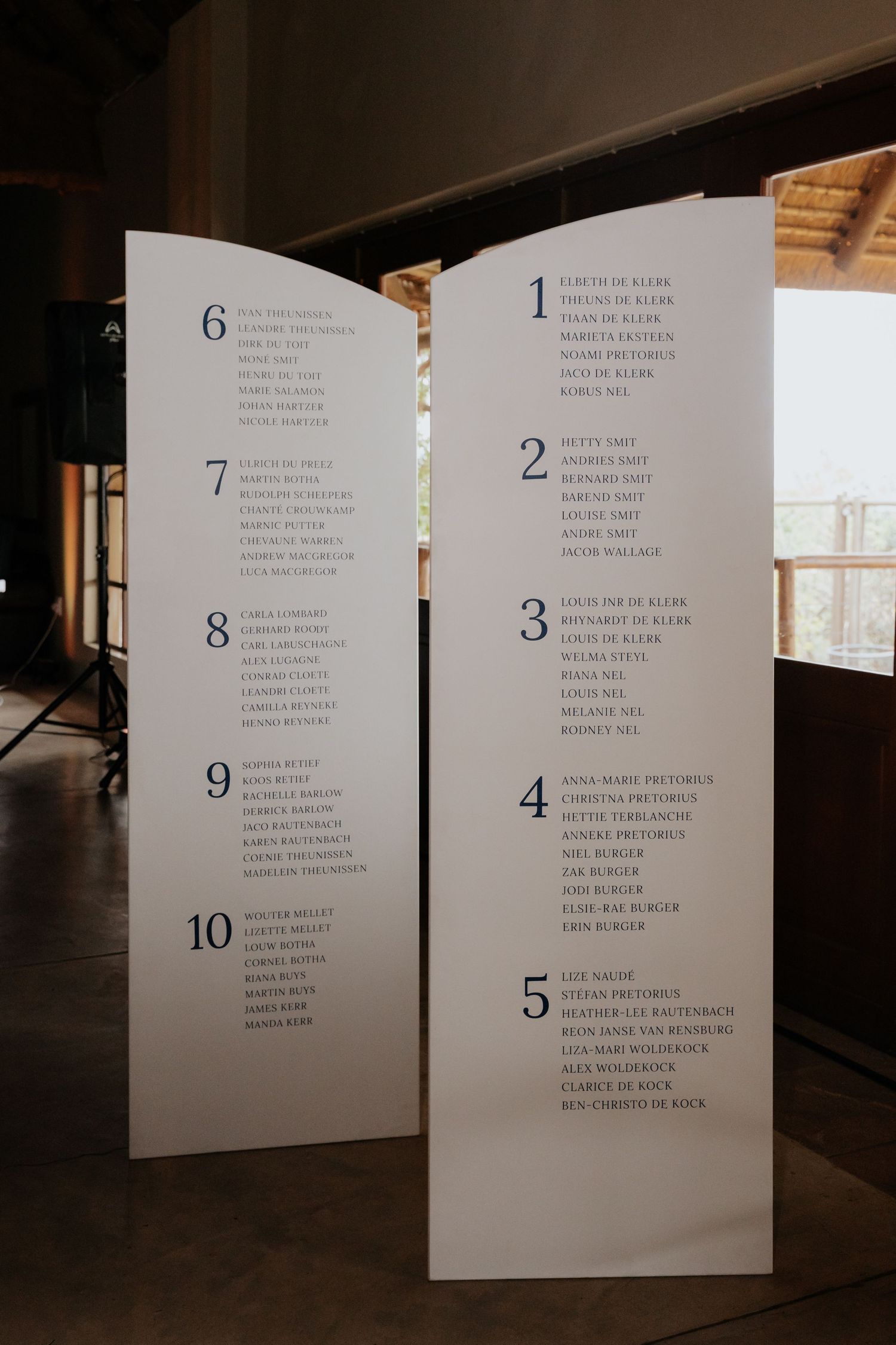 Wedding reception seating chart displayed on elegant white paper with numbered table assignments.