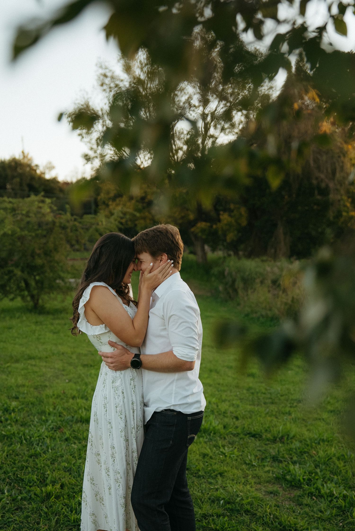 A romantic couple embraces in a lush garden setting during golden hour, with soft light filtering through trees.