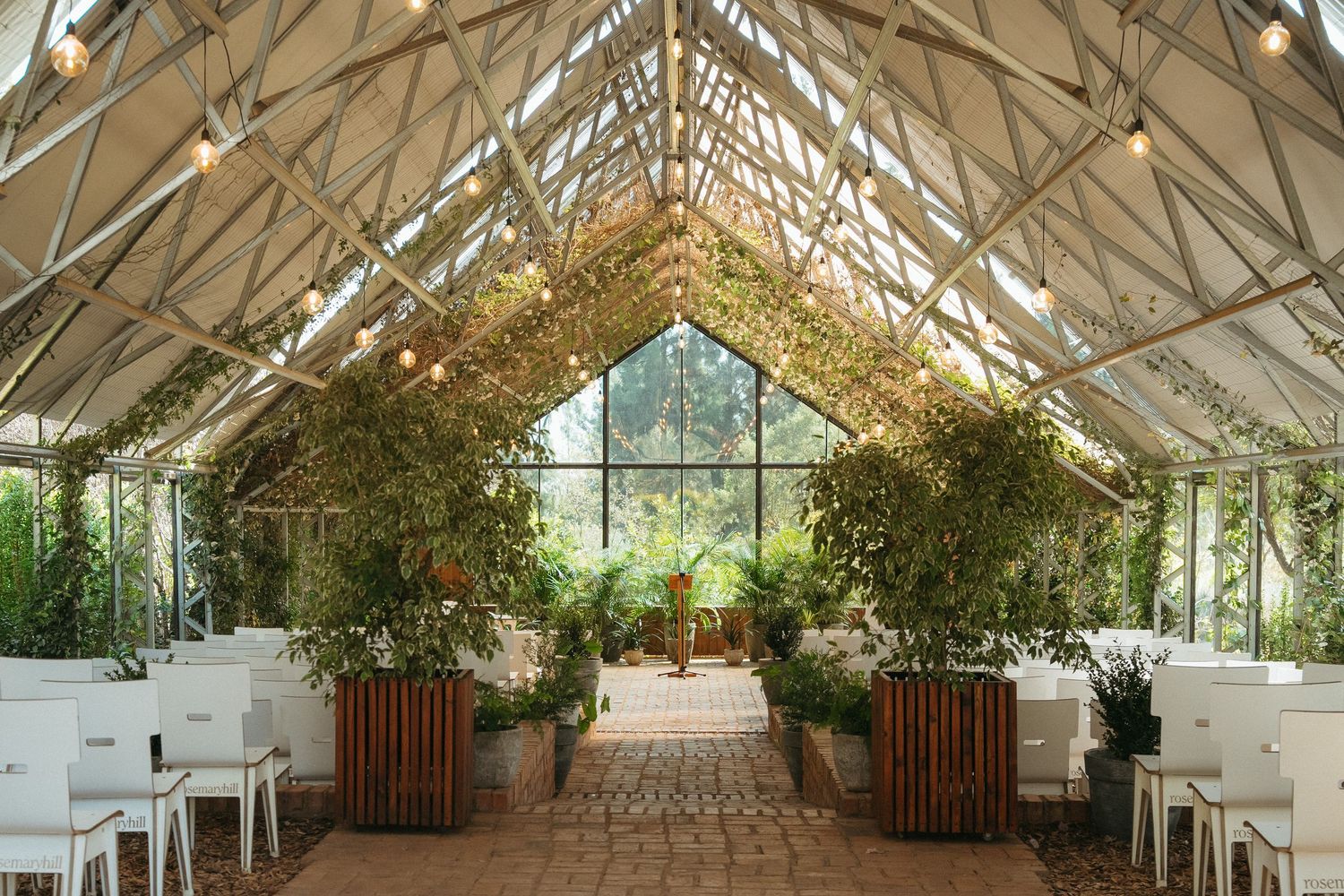Elegant greenhouse wedding venue with lush greenery, white chairs, and natural light through glass ceiling.