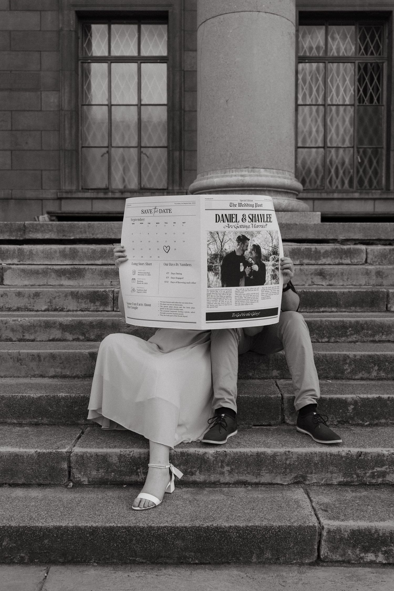 A black and white photo series showing someone sitting on stone steps reading a newspaper in different positions.