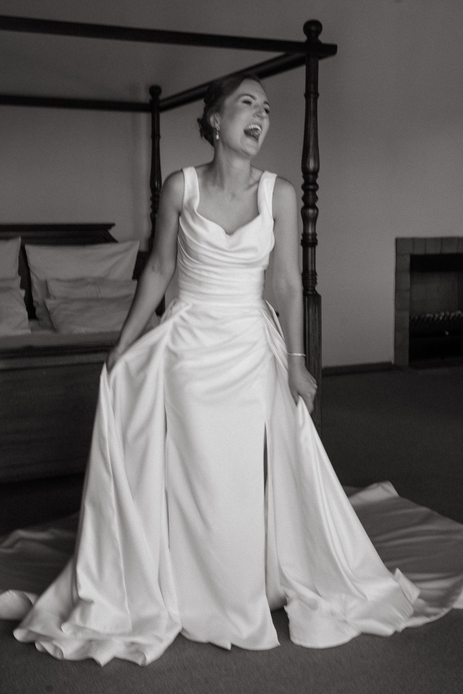 Black and white photo series showing the flowing movement of an elegant white wedding dress against a dark background.
