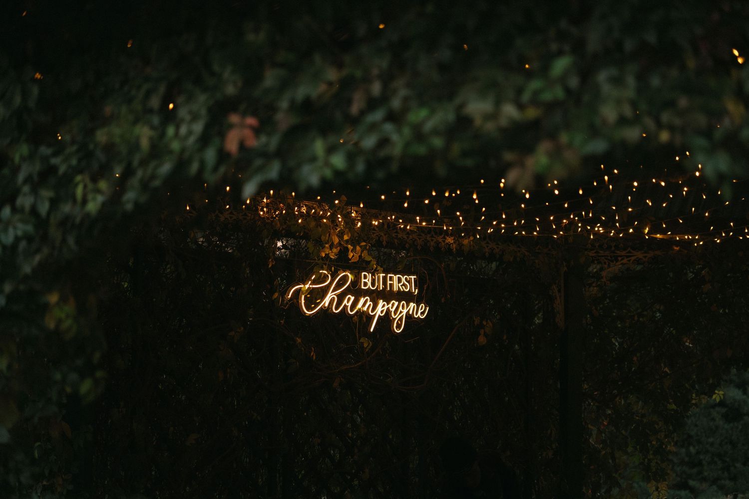 Glowing neon sign reading 'But First Champagne' surrounded by fairy lights and lush greenery at night.