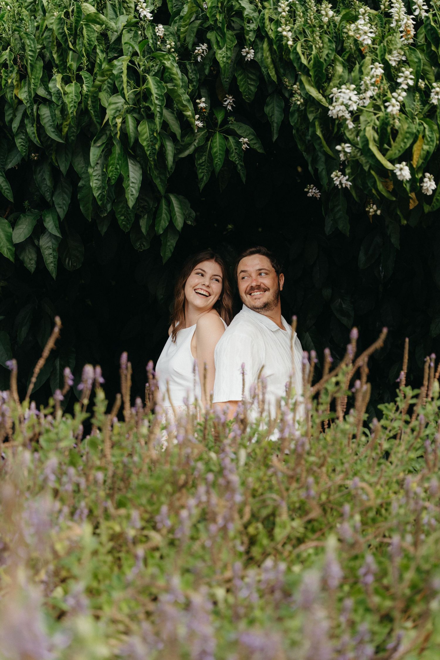 Happy engaged couple in white outfits laughing under lush green tree canopy surrounded by purple wildflowers.