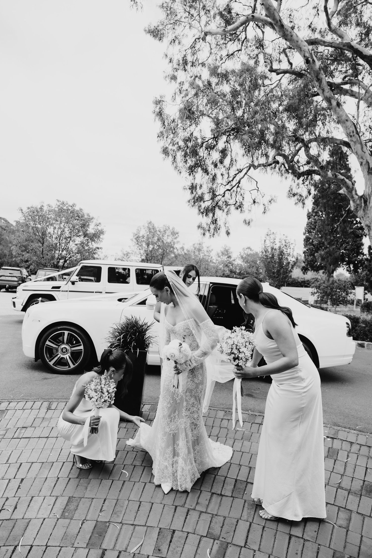 Black and white photo of a bride arriving in a white limousine, assisted by bridesmaids on a brick pathway.