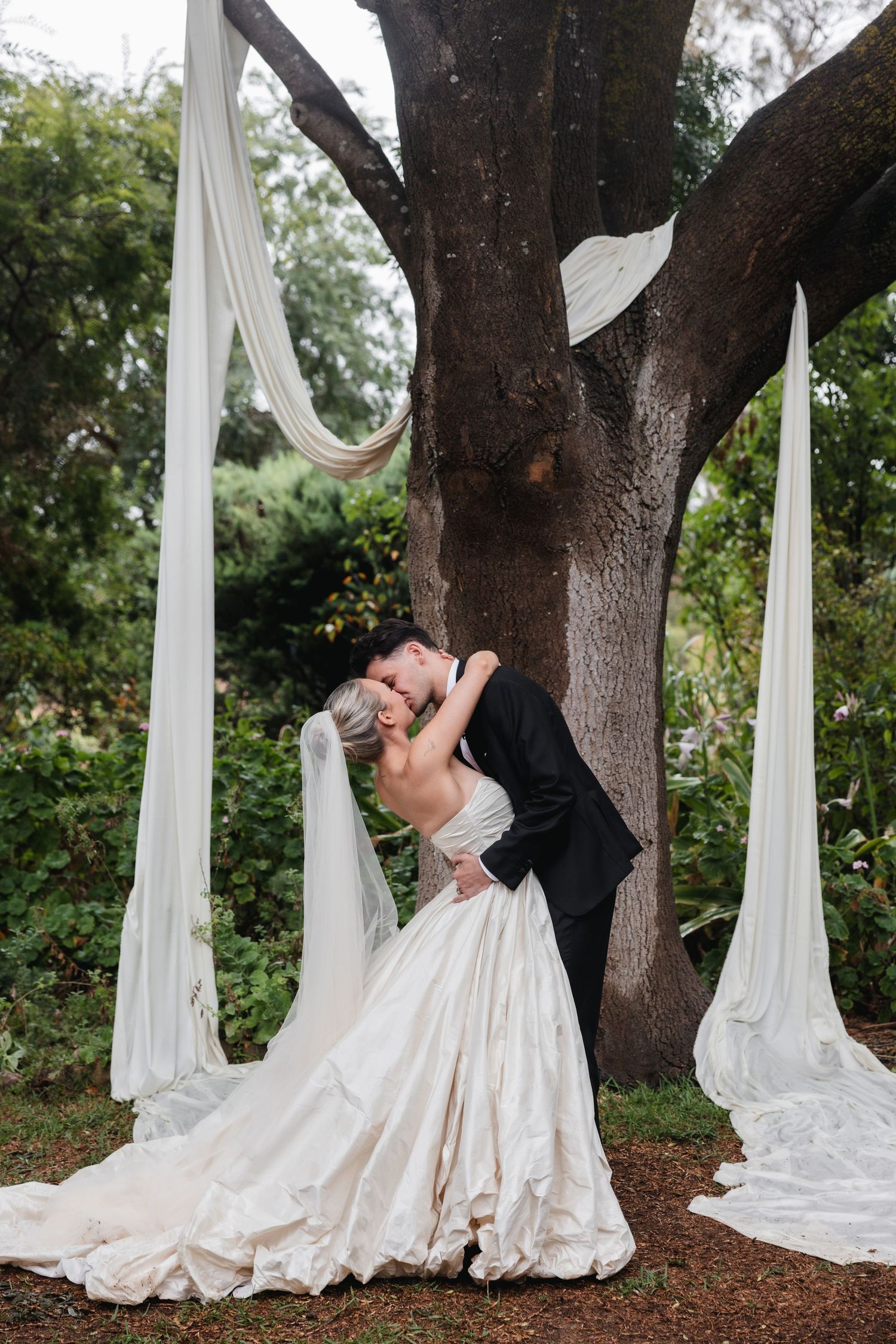 Bride and groom share a romantic kiss beneath a grand tree adorned with elegant white draping at an outdoor wedding ceremony.