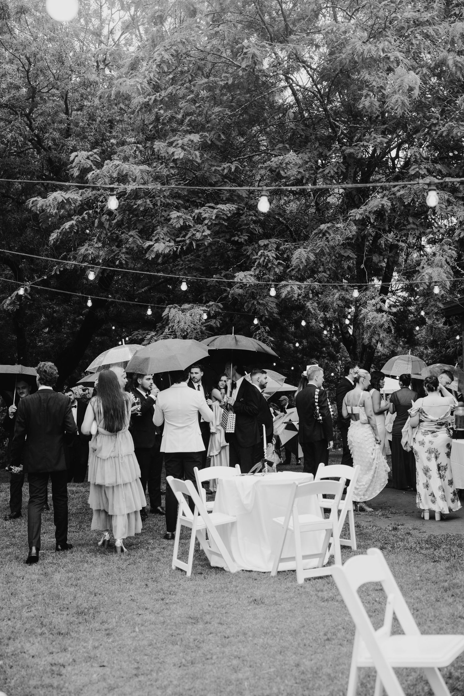 Black and white photo of wedding guests holding umbrellas at an outdoor rainy reception with string lights and white chairs.